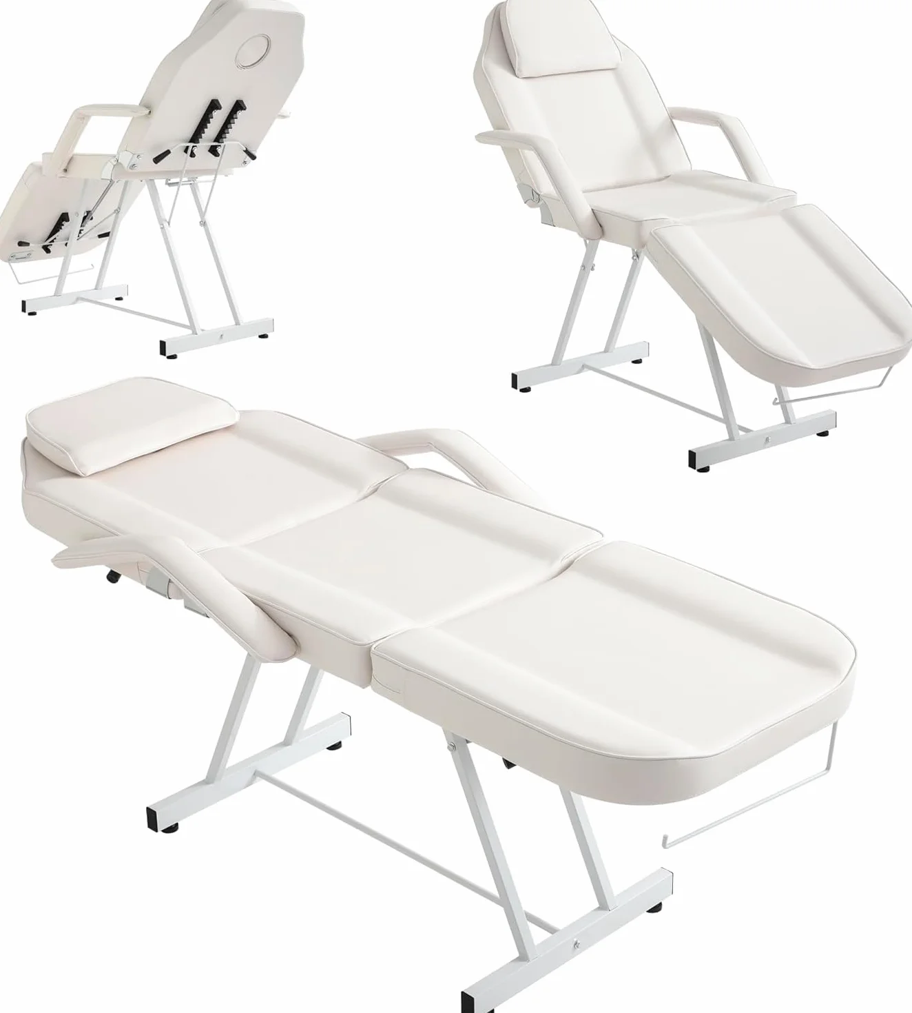 Camilla Masaje Plegable con Taburete 3 Zonas Profesional Ajustable Reposabrazos Reposacabezas para SPA Tatuaje Facial Pedicure (Blanco)
