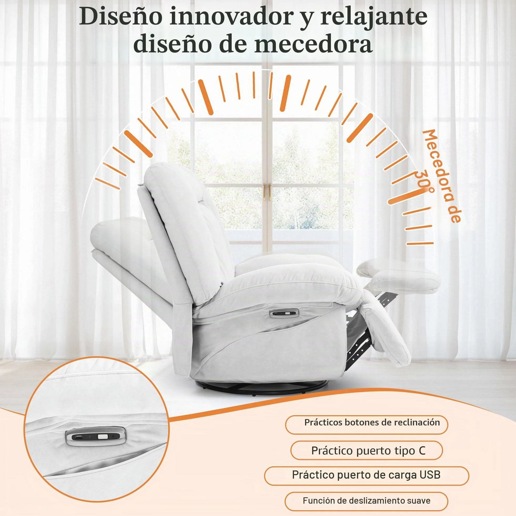 Sillón de Relax Eléctrico con Masaje, Calefacción y Vibración, Giratorio, Puertos USB-C, Reclinable para TV, Salón (Blanco)