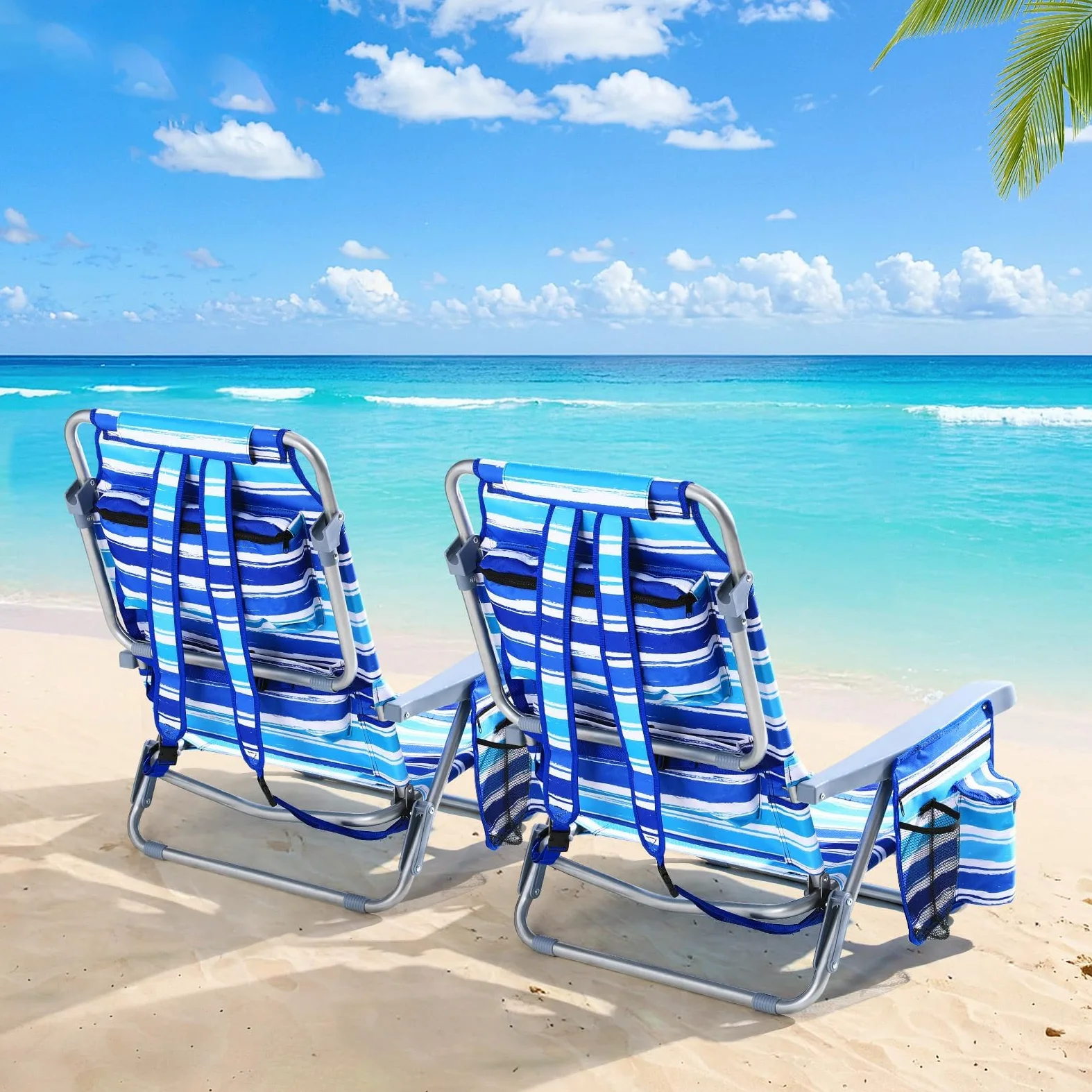 LIFERUN Silla De Playa,Set 2,Plegable,Reclinable,Diseño de Mochila,Azul | Respaldo 4 Posiciones,Carga 140kg,Oxford,Hierro,Bolsillo Térmico,Cojín Lumbar,Reposacabezas,Playa,Jardín,Camping,Festival