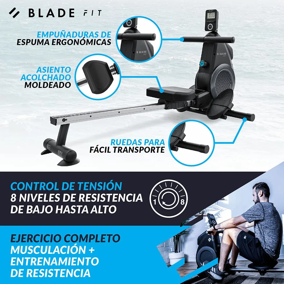 Máquina de Remo Blade FIT de Bluefin Fitness | Compatible con Kinomap | Máquinas de Remo para Casa/Plegable | Consola Digital LCD | App para Móvil | Máquina de Remo Plegable para Casa
