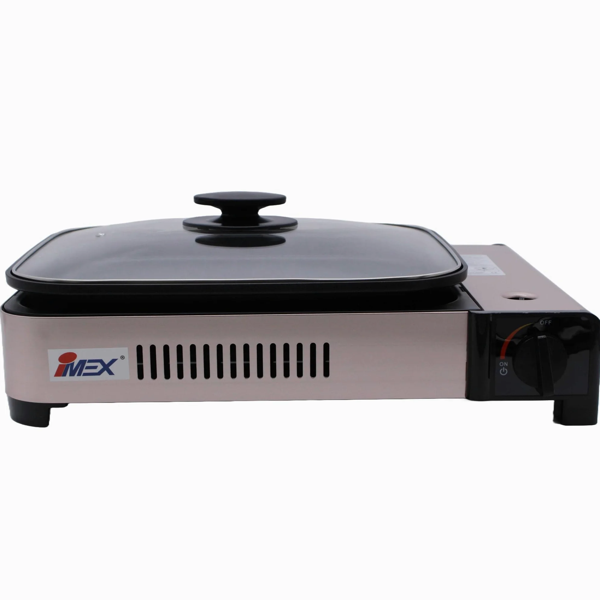 IMEX Hornillo de gas 2 en 1 y parrilla de gas, incluye parrilla, sartén, tapa de cristal y maletín, hornillo de camping para interior y exterior, hornillo de gas de camping múltiple