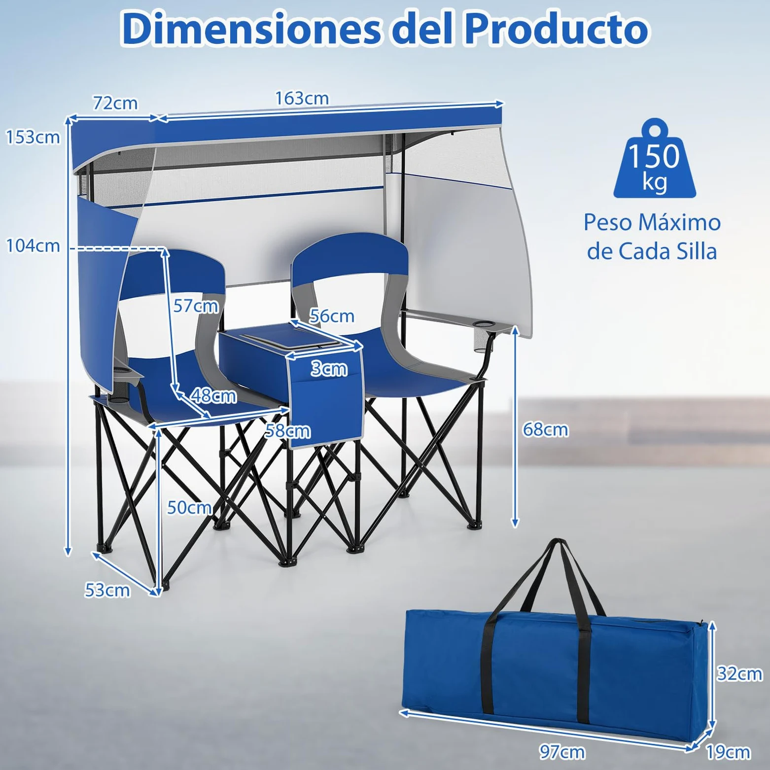 GOPLUS Silla de Playa con Dosel Ajustable, Silla Plegable de Camping Sobredimensionada con Sombra Enrollable, Bolsa Enfriadora, Portavasos, Bolsa de Transporte, para 2 Personas (Azul)