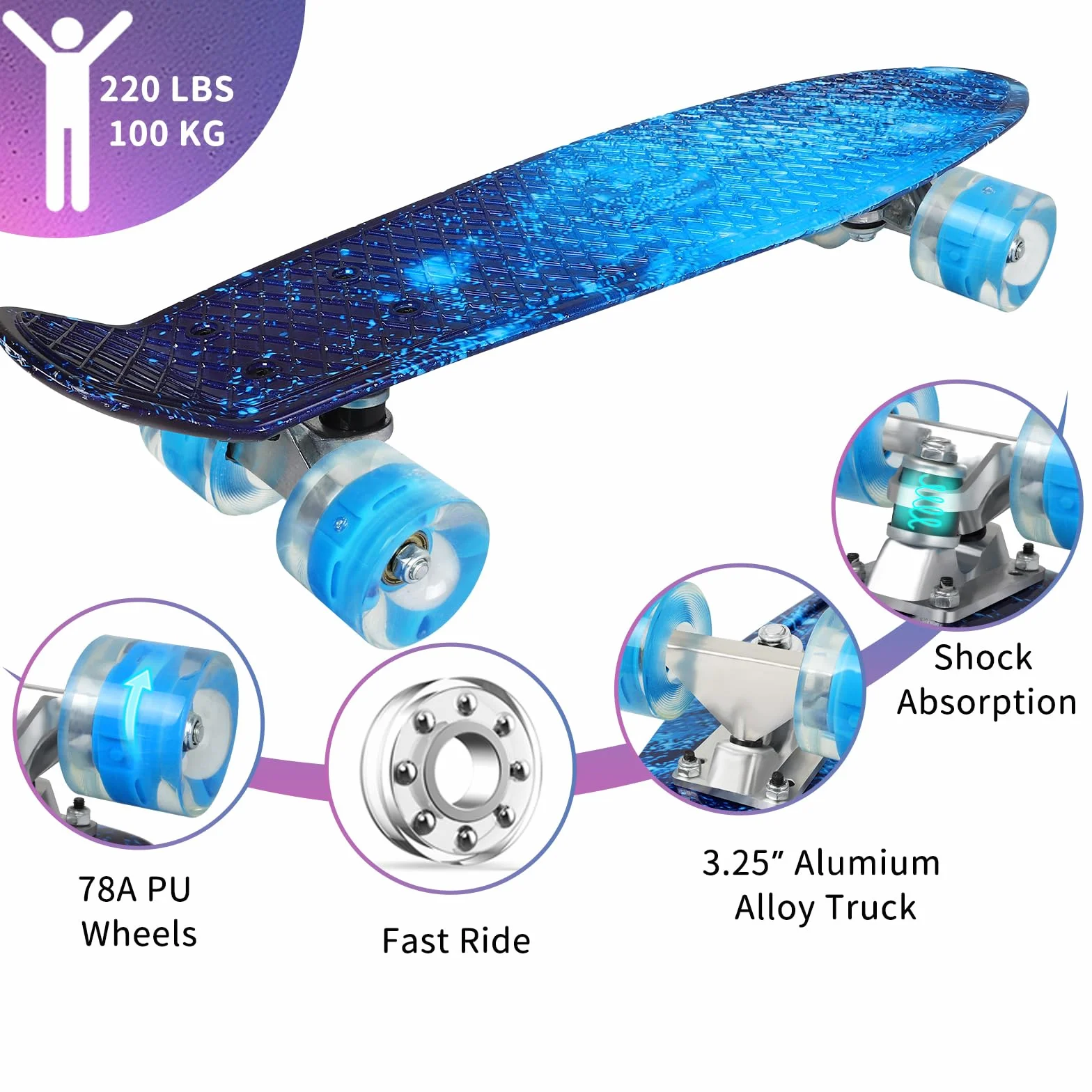 BELEEV Skateboard Complete 22 x 6 Inch Mini para Niños Principiantes Ruedas LED PU con Herramienta en T Monopatín 55cm