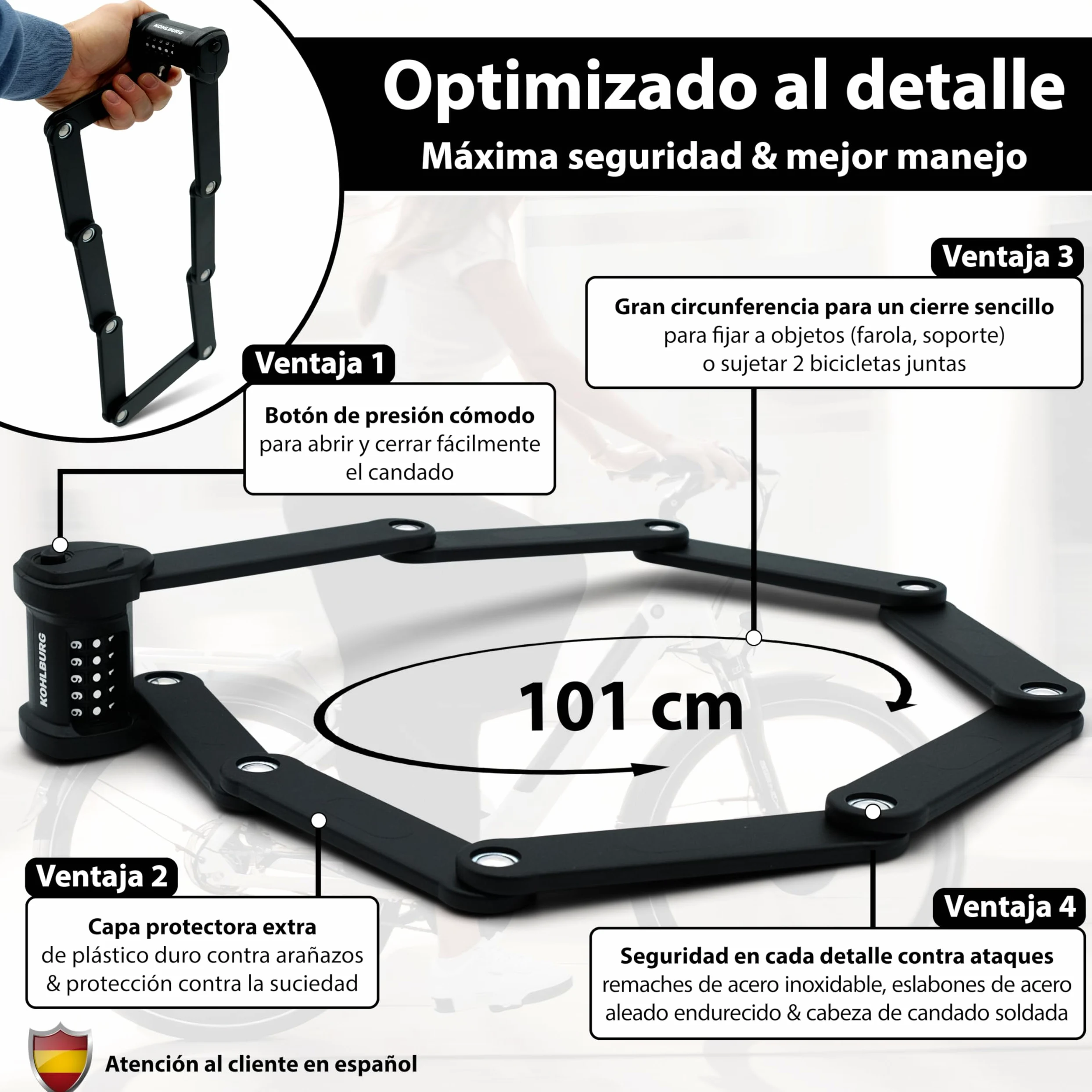 KOHLBURG Candado de bicicleta de combinación con código | 101 cm de largo | Repele cortapernos, código de 5 cifras, candado plegable con soporte, alta seguridad, para bicicleta, scooter y e-bike