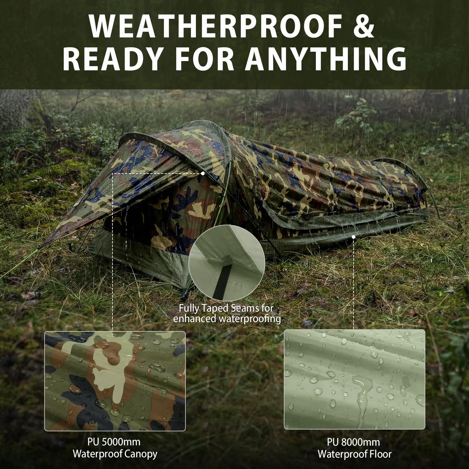 GEERTOP Saco de dormir ultraligero pequeño para 1 persona, tienda de campaña bivy impermeable y compacta, tienda de senderismo de montaje rápido, adecuada para senderismo, viajes con mochila, camping