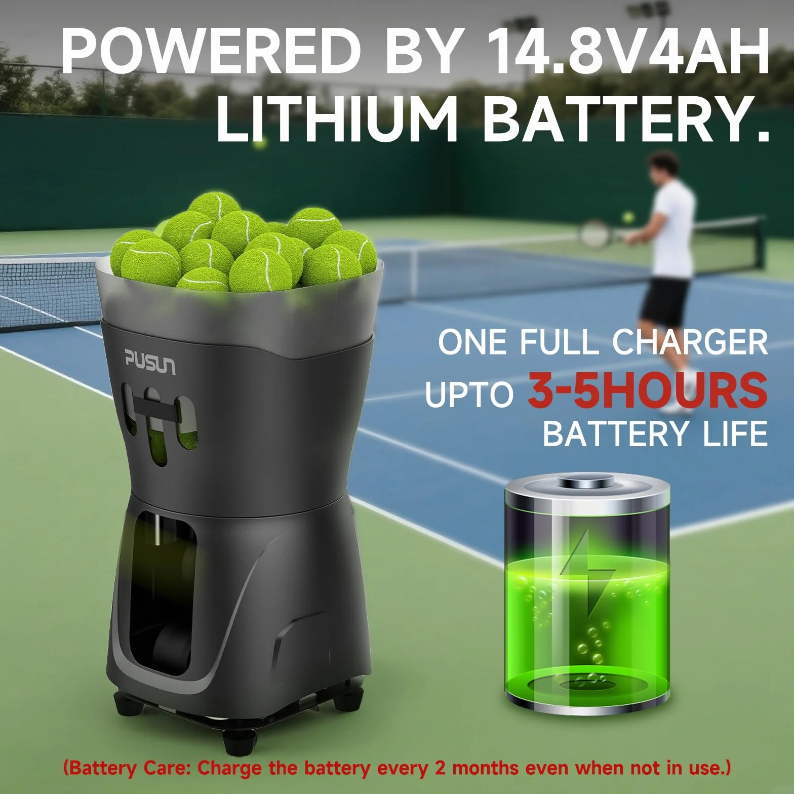 PUSUN Máquina lanzadora de pelotas de tenis niños principiantes capacidad 65 pelotas doble control aplicación control remoto batería 3-5 horas
