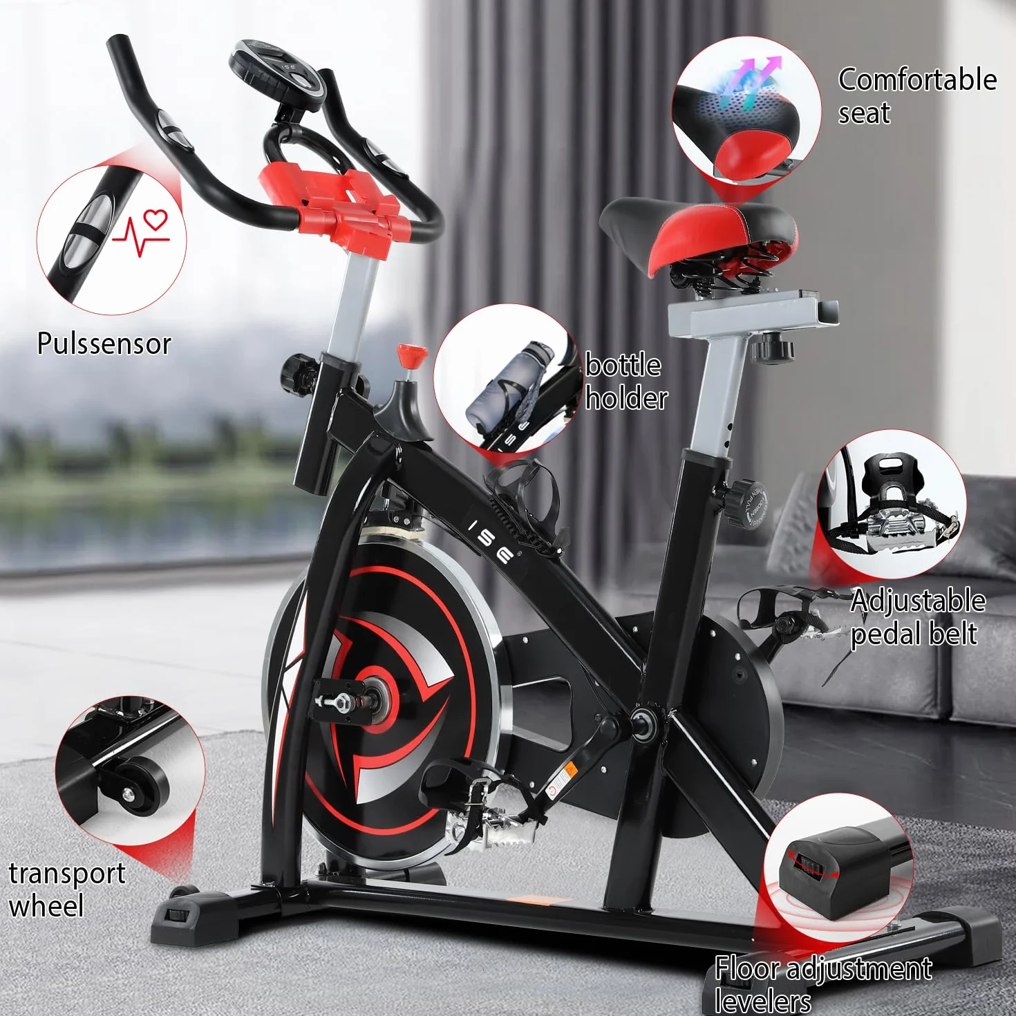 ISE Bicicleta Estática Indoor, Volante de Inercia 9KG, Bici Estatica Ajustable Resistencia, Bicicleta Profesional con Pantalla,Soporte, Sillín y Asa Ajustablesa, Max.120KG