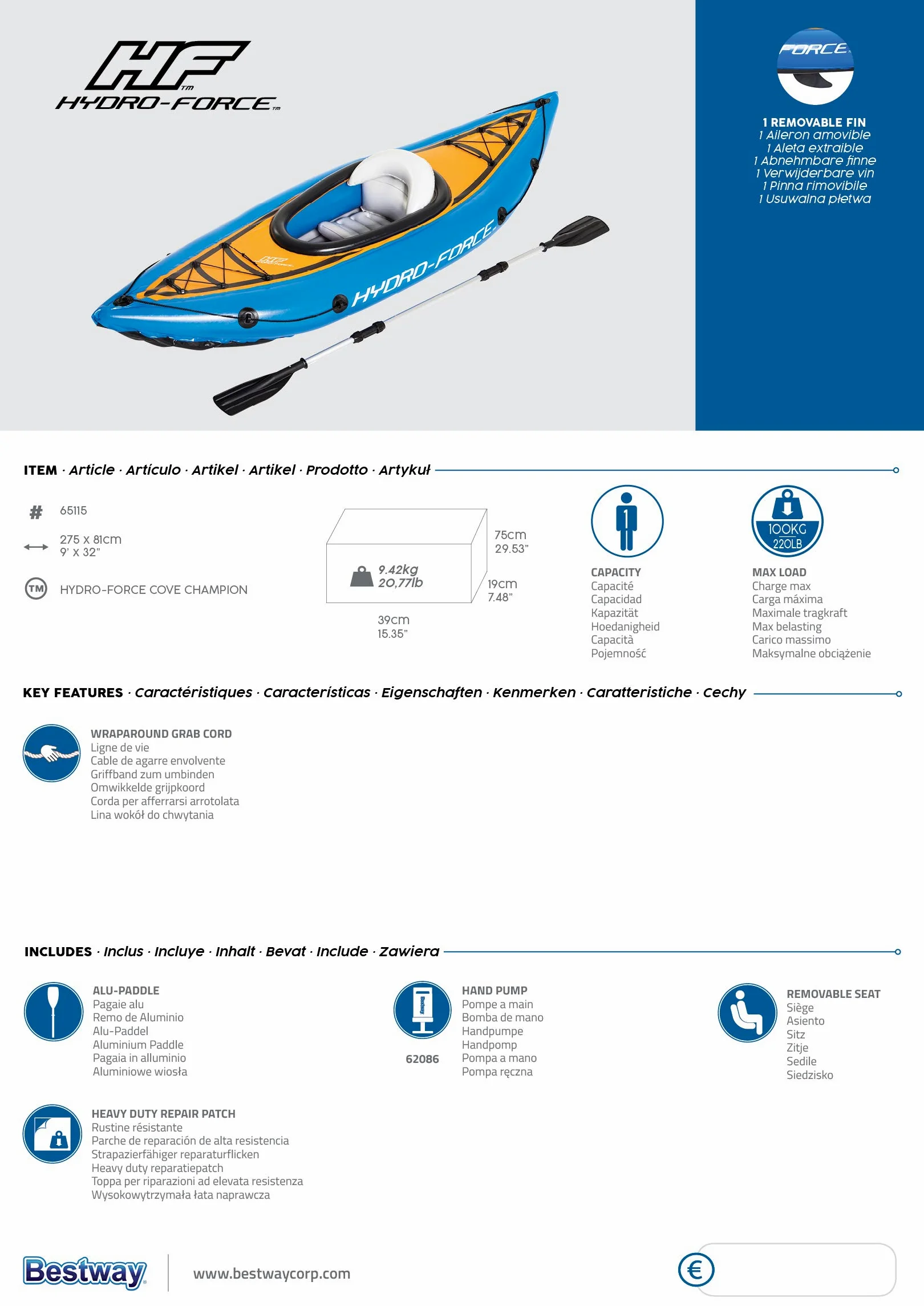 Bestway 65115 - Kayak Hinchable Hydro-Force Cove Champion 275x81 cm Individual con Remo y Bomba