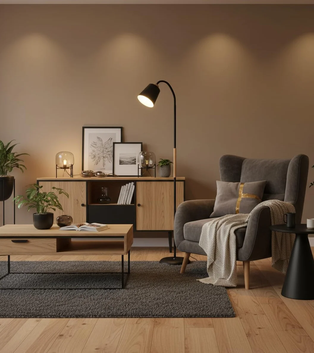 Lámpara de Pie SWEDEN Metal Madera 150cm Acabado Mate Brazo Orientable E27 Iluminación Escandinava Negro