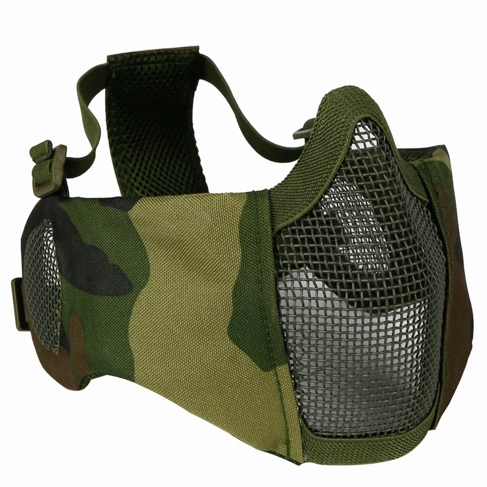 máscara táctica para Airsoft, Media Cara Inferior, Malla de Acero de Metal, protección para los oídos para Paintball al Aire Libre