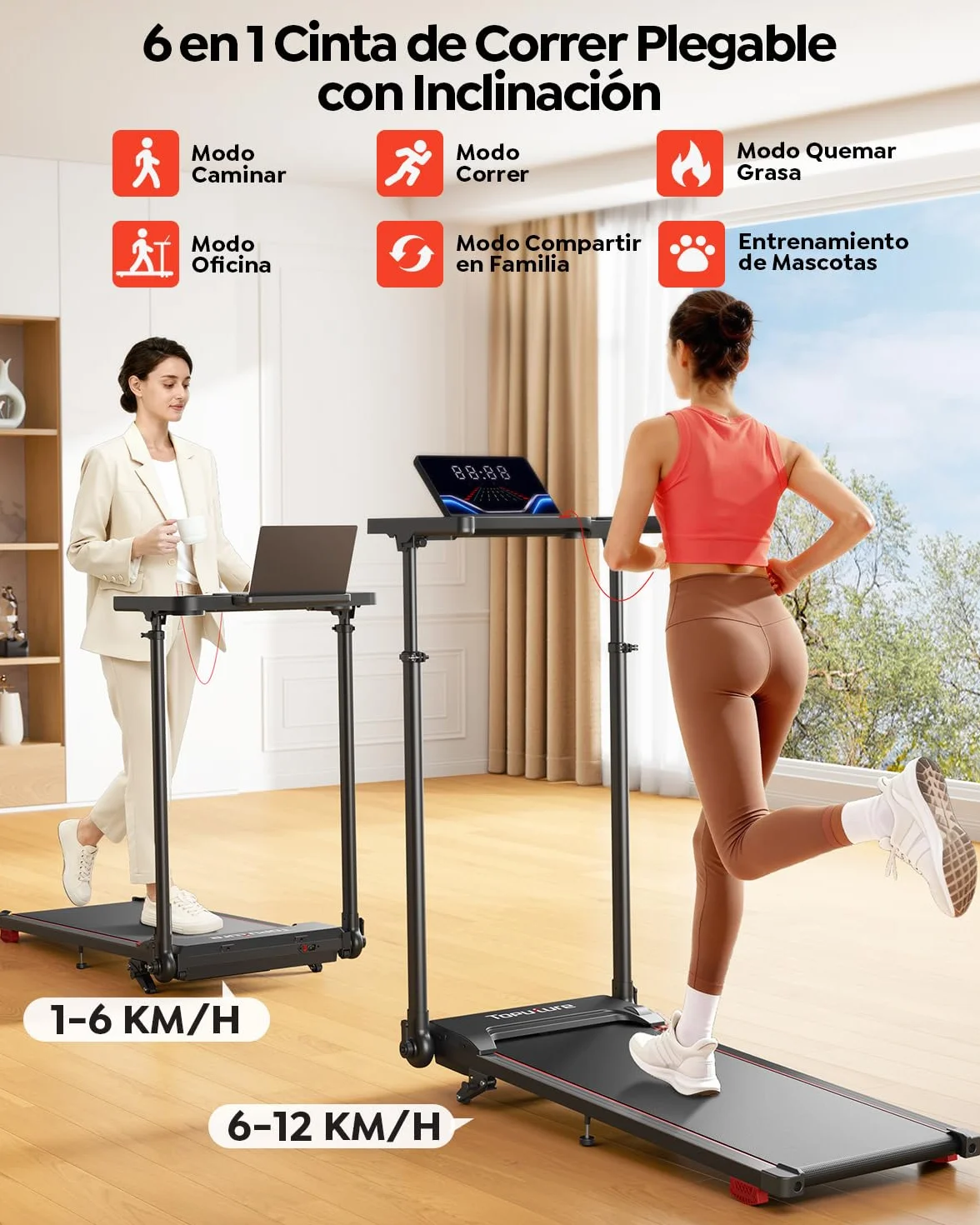 6 EN 1 Cinta de Correr Plegable, 0%-5%-10% Inclinación, 12 KM/H, Toputure Cinta Andar con Manillar Ajustable para Hogar y Oficina, Walking Pad con App, Control Remoto, 95°-105° Pantalla LED Ajustable