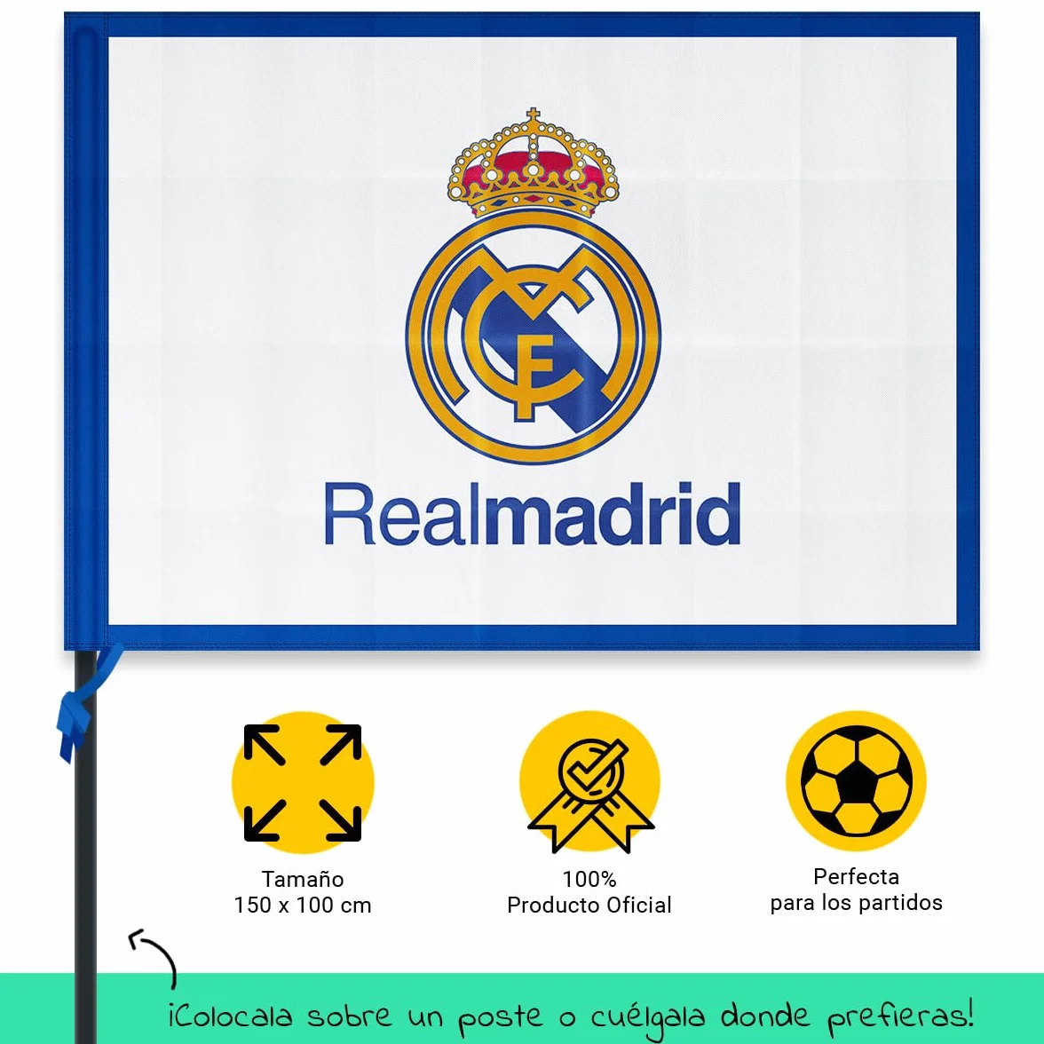 Bandera oficial del Real Madrid Club de Fútbol | 150 x 100 cm - Bordes Azules con escudo en el centro | Producto Oficial