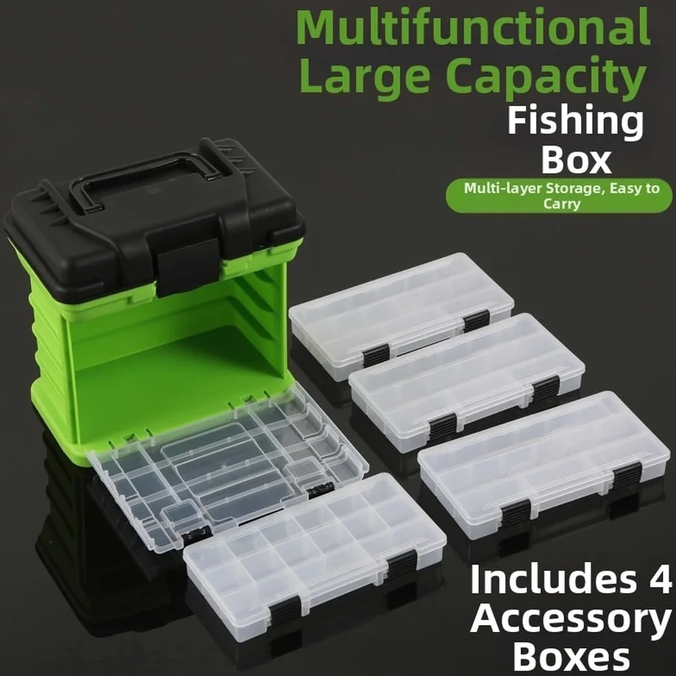 Caja de aparejos de pesca de cuatro capas con 4 bandejas extraíbles y separadores ajustables, organizador portátil para anzuelos, carretes, herramientas, equipo al aire libre, rojo (verde)