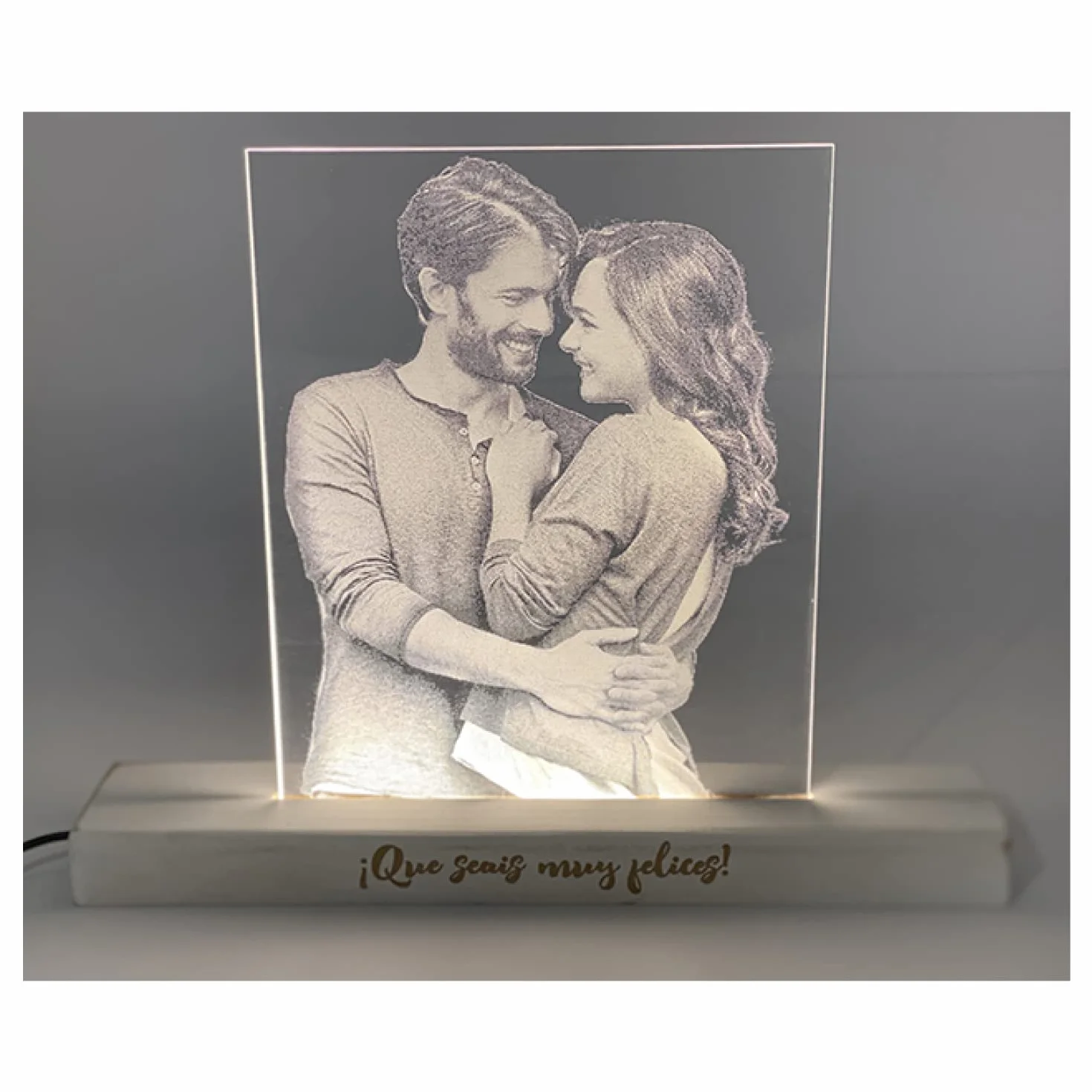 Lámpara Personalizada con Foto Central, Luz LED, Interruptor Táctil, Soporte de Madera Grabado