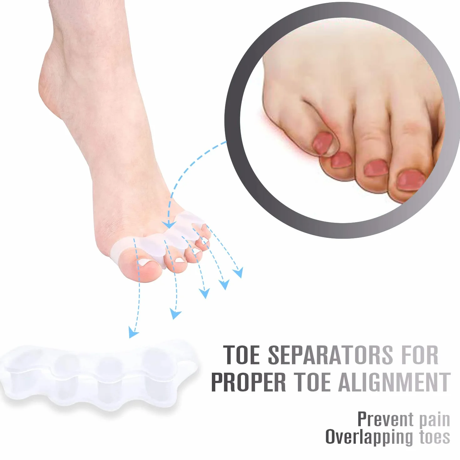 Separador Dedos Pie Silicona Ortopédico 6X Ajuste Ballet Yoga Atletas Blanco