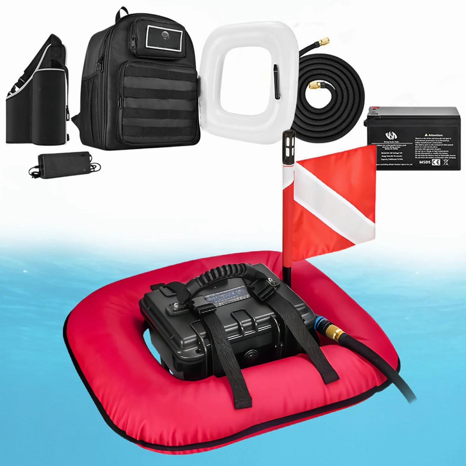 Sistemas portátil de Buceo sin Tanque Dispositivo de respiración subacuática Red | Hasta 9 m/29,5 pies de profundidad, 60-70 minutos de autonomía, disponible en rojo y azul para la pesca submarina.