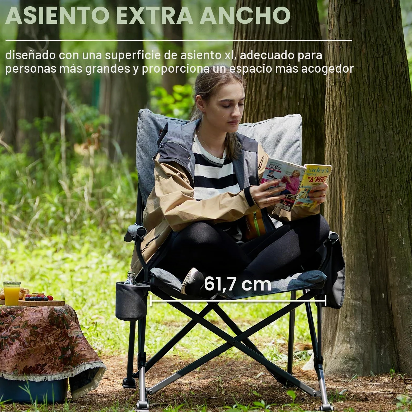 EVER ADVANCED Silla de Camping para Adultos de Gran tamaño, Resistente y Extra Ancha con reposabrazos Duro, 230 kg, Silla Plegable Acolchada de 6 cm, Bolsillo Lateral
