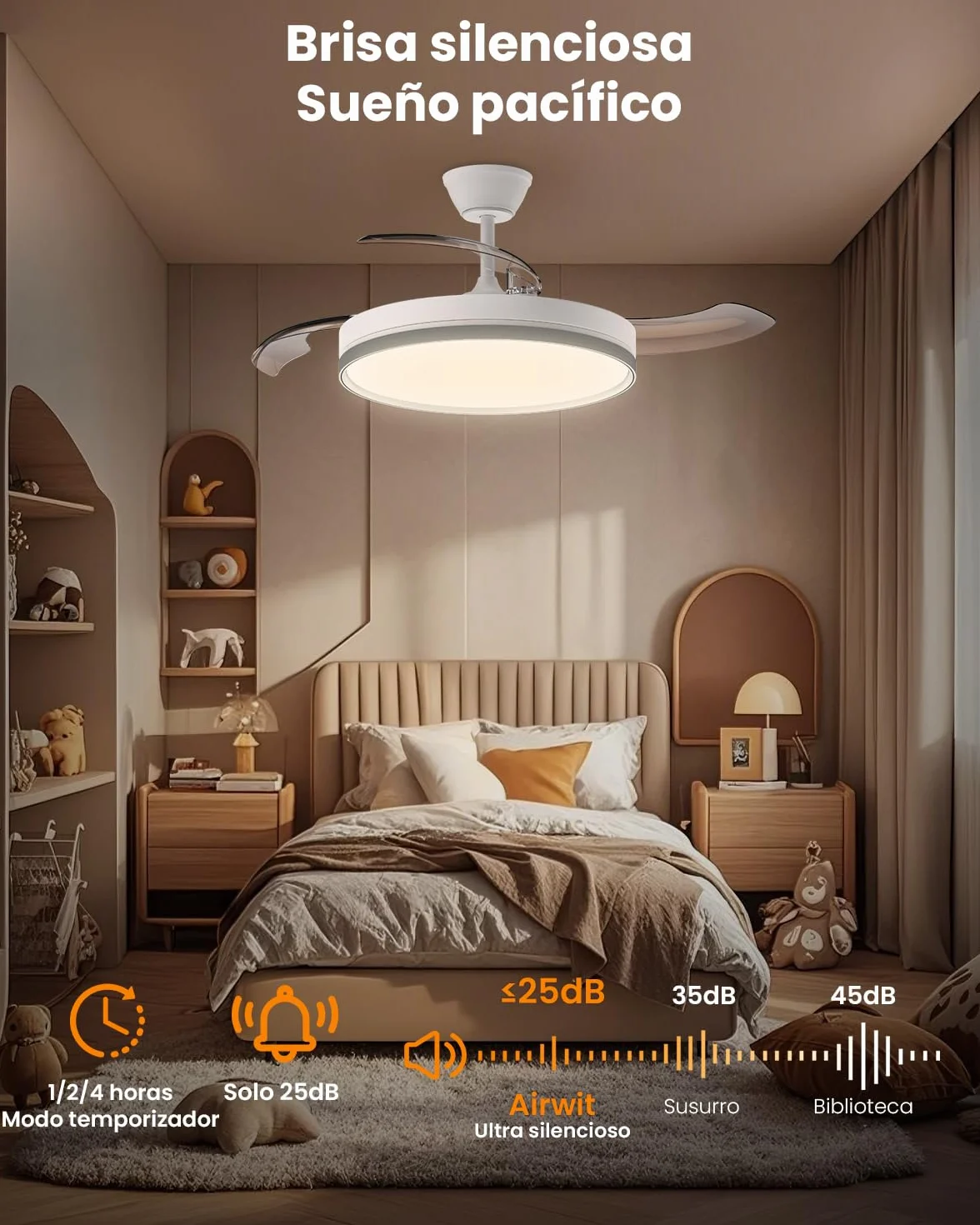 Airwit Ventilador de Techo con Luz 106cm Aspas Retráctiles 69W DC Motor Silencioso Mando Temporizador Blanco