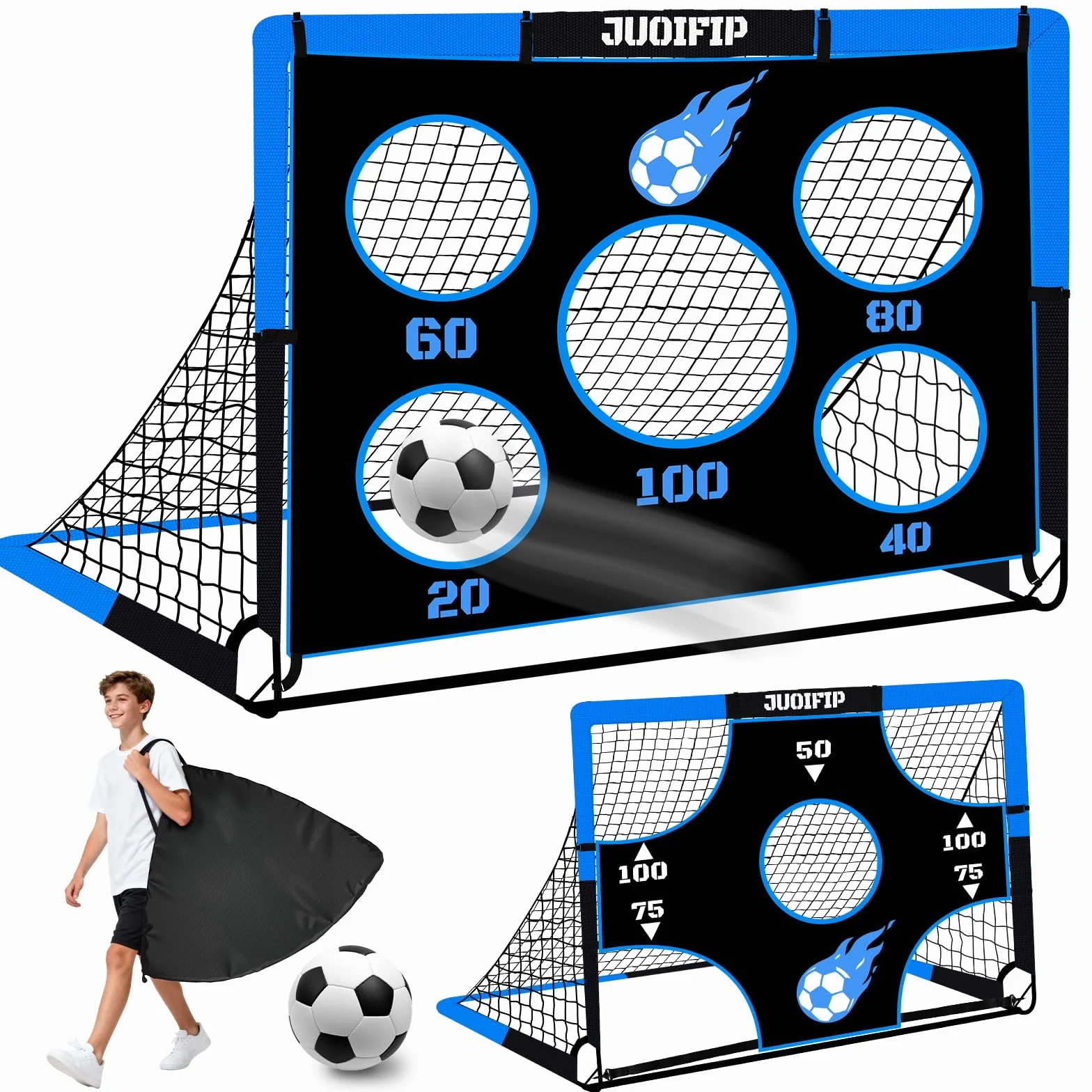 Portería de fútbol 3 en 1 para niños, red 150x120 cm, postes de jardín con 2 telas intercambiables y pelota, bolsa de transporte