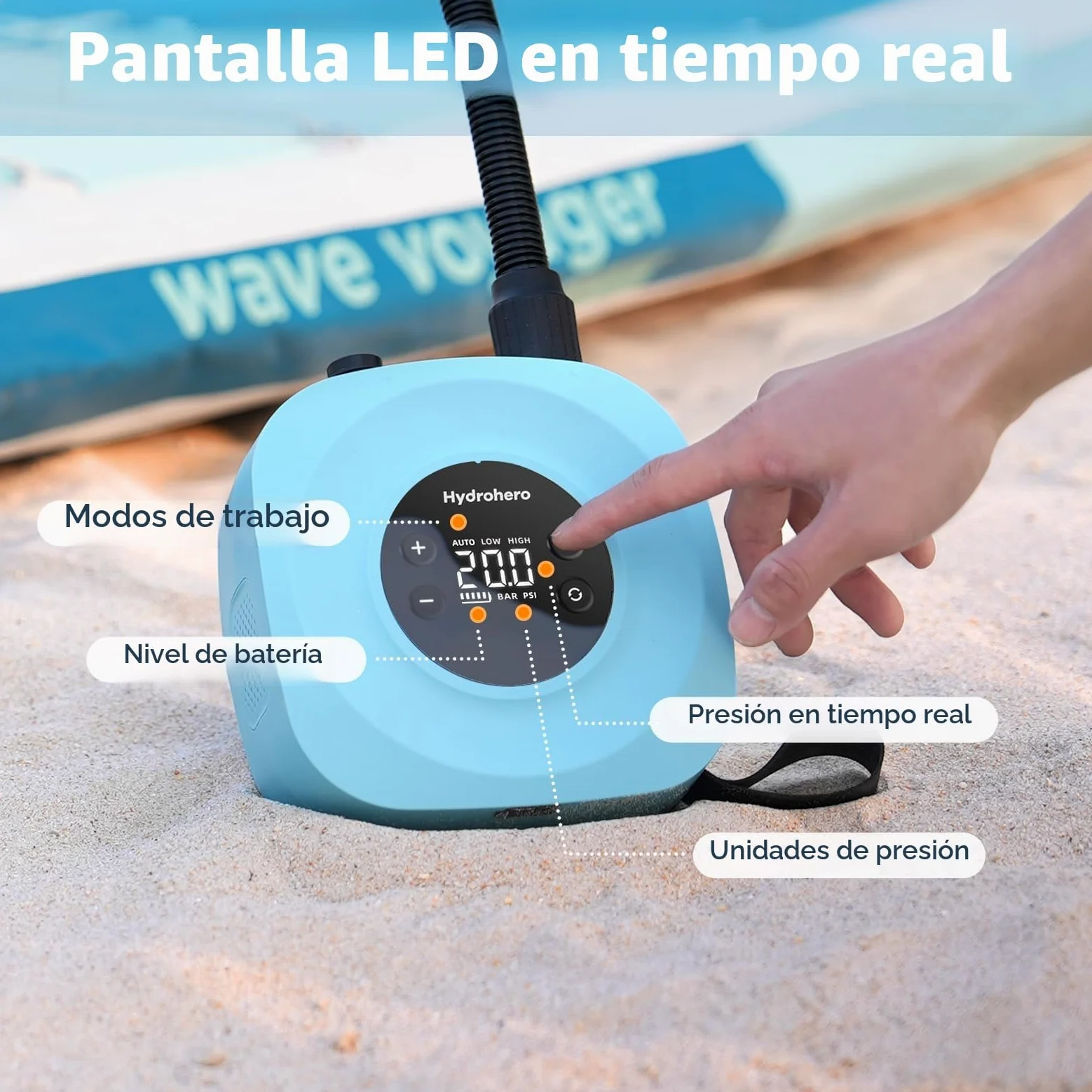 Hydrohero Bomba Eléctrica para Paddle Board, Sup Recargable 20 PSI, Inflado/Desinflado Inteligente a Doble Etapa, Apagado Automático para Tablas de Paddle, Cometa de Surf, Tienda, Barco