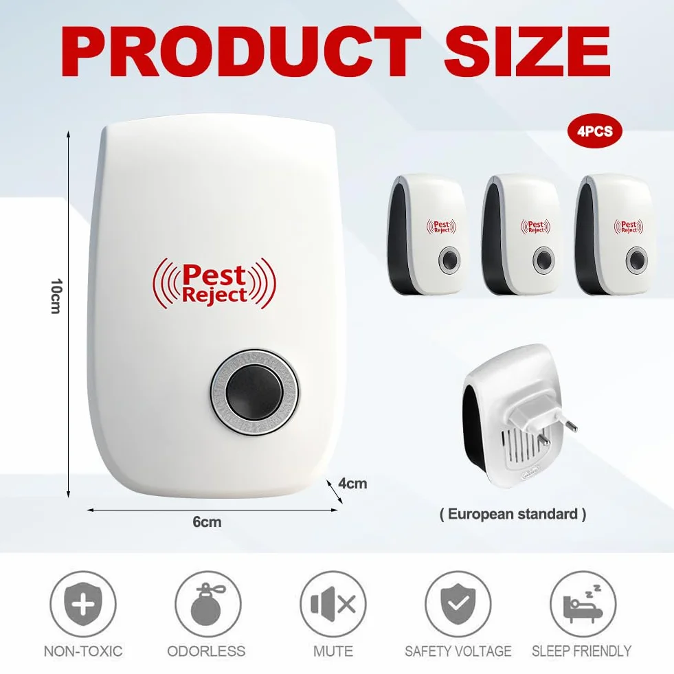 Repelente Ultrasónico de Plagas 4 Piezas, Electrónico para Mosquitos, Ratas, Cucarachas, Ratones, Insectos