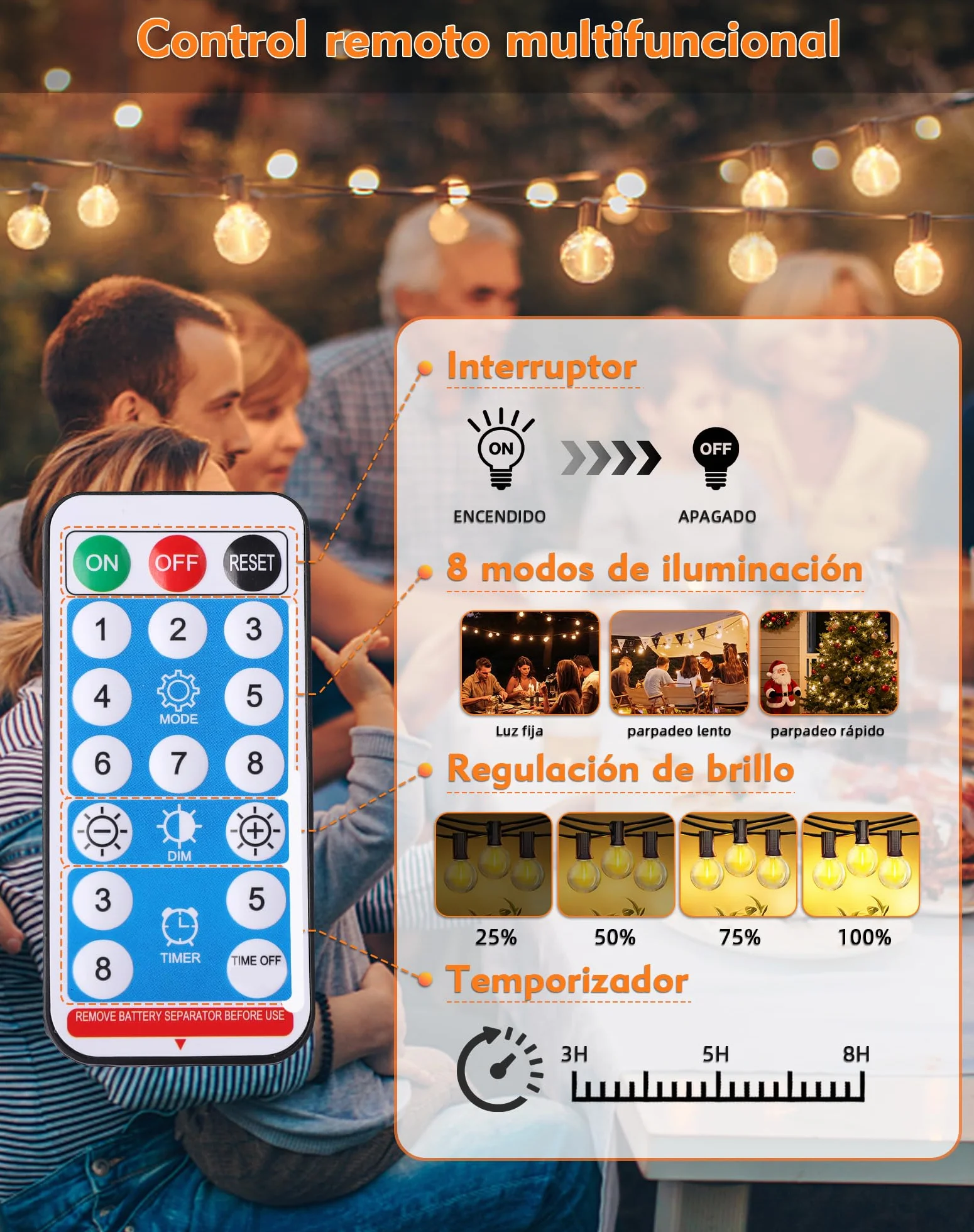 Guirnaldas Luces Exterior Solar 10M LED 15+1 Bombillas 8 Modos Impermeable con Control Remoto para Jardín Patio