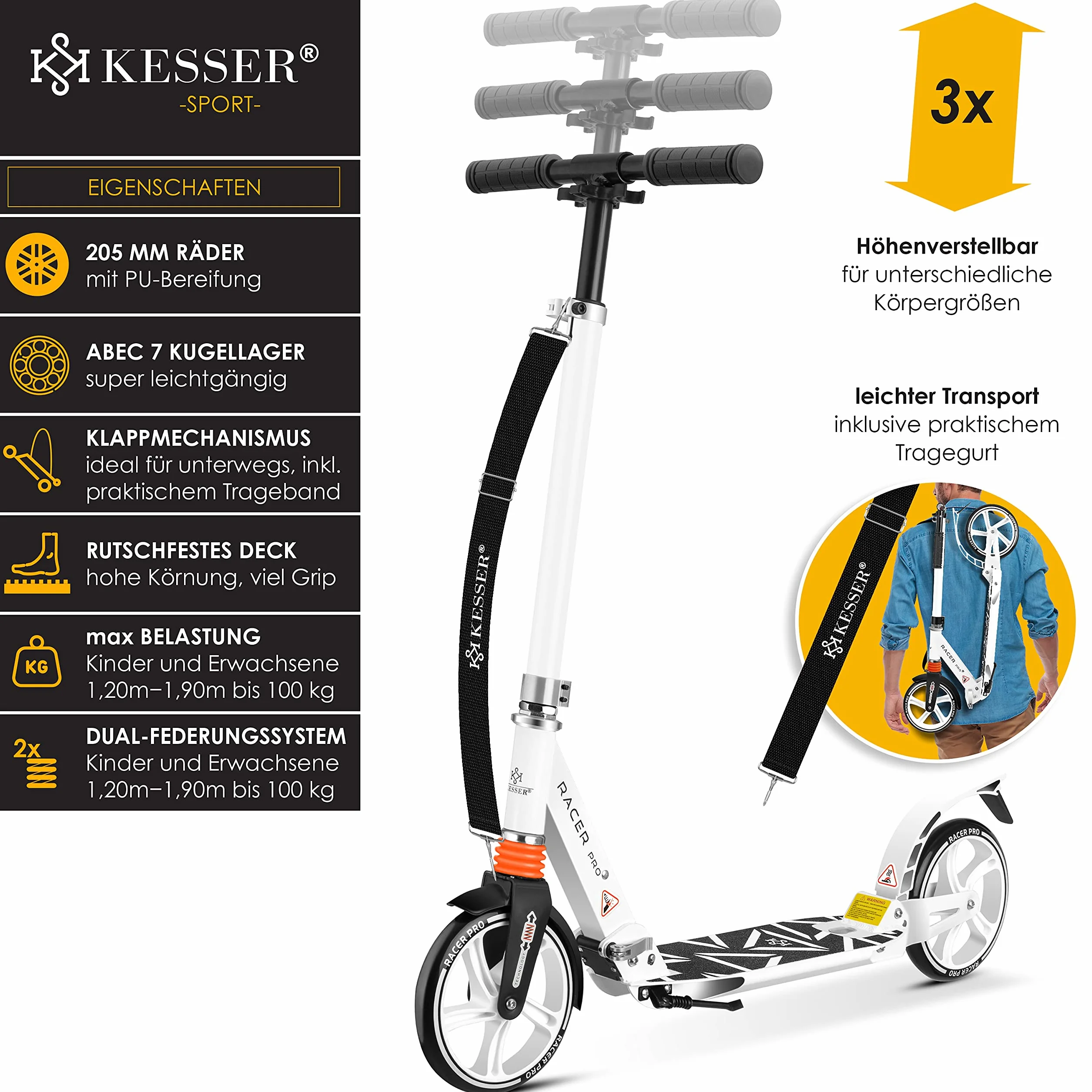 KESSER City Scooter 205 mm Ruedas PU Big Wheel Pro-S Kick Scooter Doble Suspensión Plegable Regulable en Altura