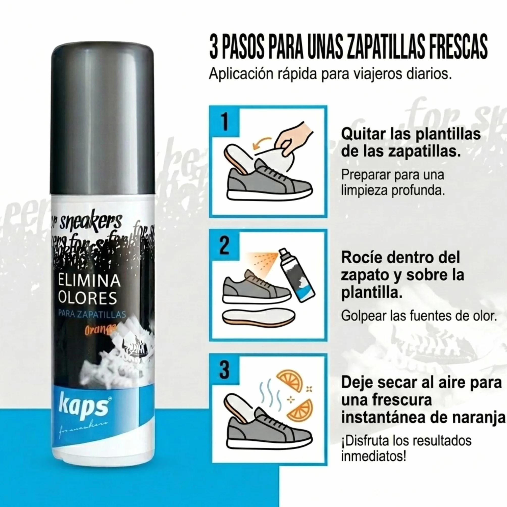 Kaps Desodorante Zapatos para Zapatillas y Calzado Informal, Aroma de Naranja, Nanopartículas de Plata, Eliminador de Olores