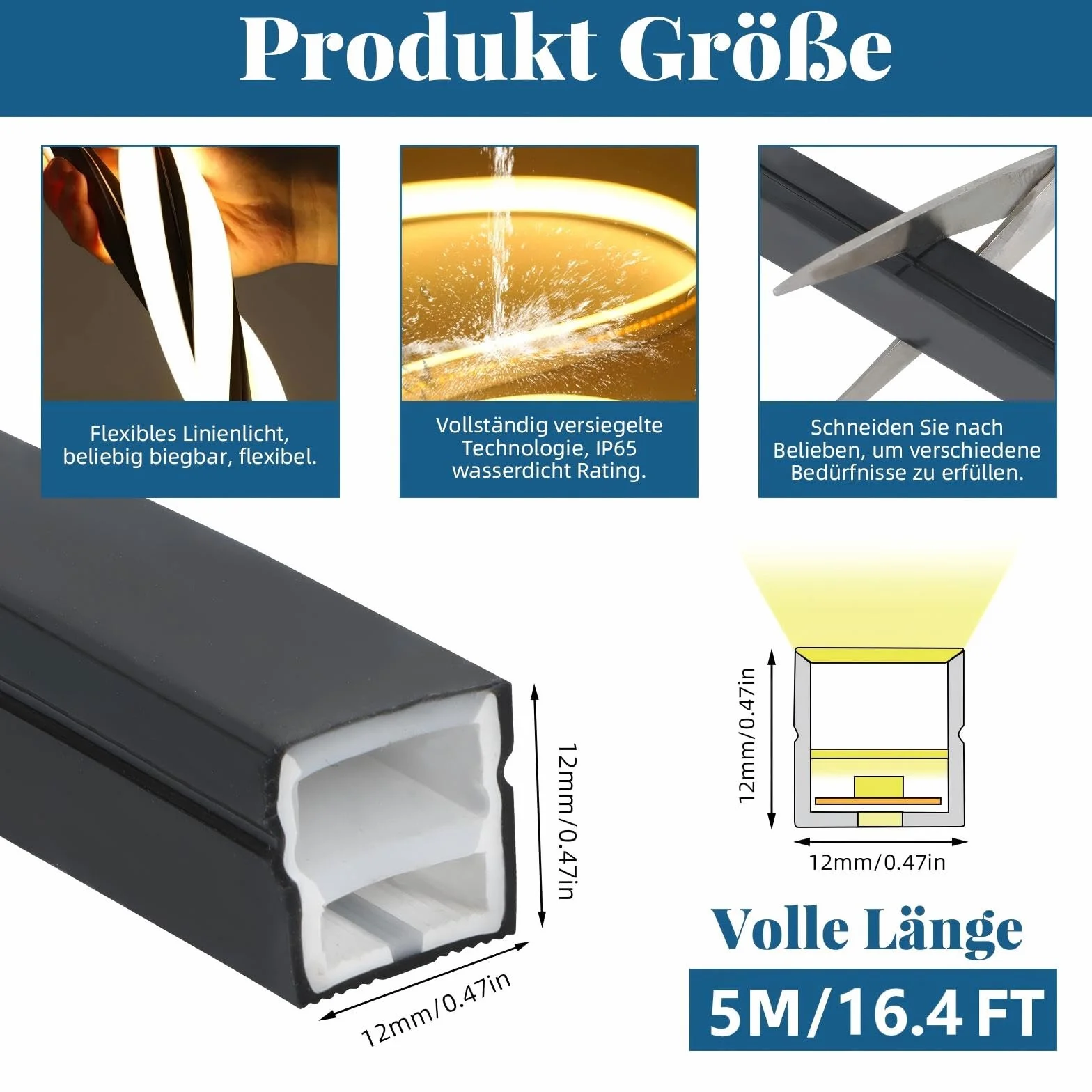 Perfil LED de silicona flexible 5 m 12x12 mm IP65 para paneles acústicos 8 mm iluminación