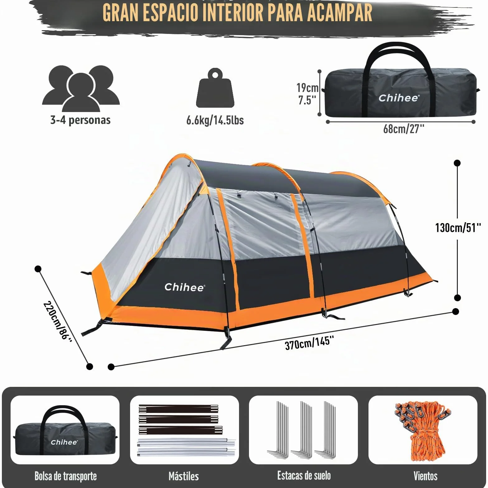 Chihee Tiendas de Camping Tienda Túnel Tienda Familiar 4 Personas con 2 Puertas Tienda de campaña Resistente a la Intemperie Tienda 4 Estaciones Doble Suelo Impermeable Porche con mosquitera Bolsa