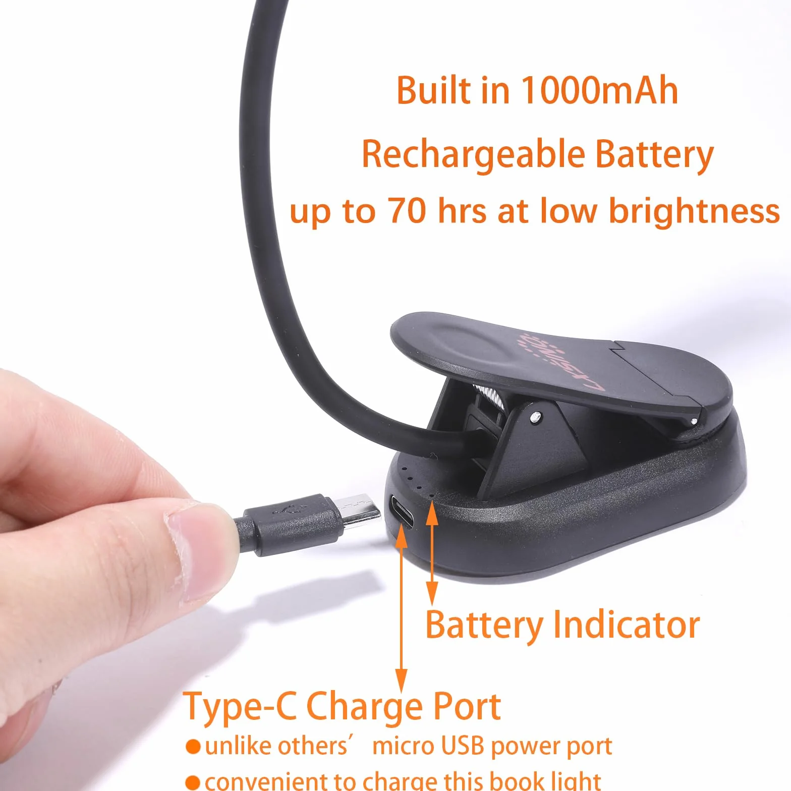 Luz de lectura ámbar y roja recargable 8 LED USB-C 1600K 625nm flexible con clip