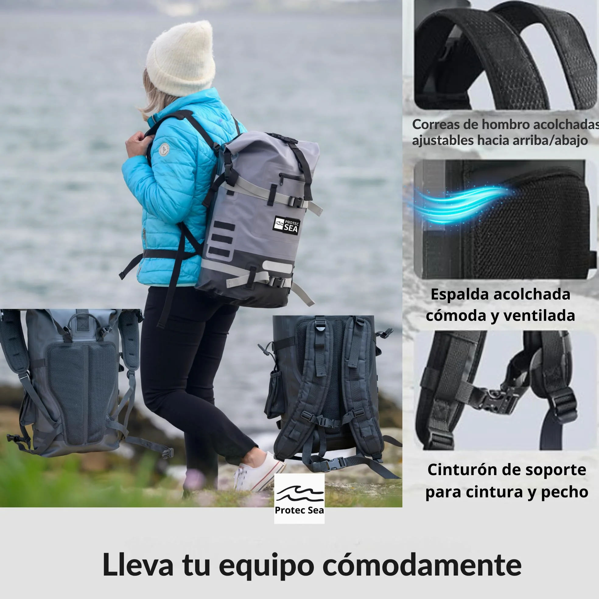 Mochila impermeable impermeable para senderismo, 25L-40L, volumen ajustable, cierre rápido, transporte cómodo, accesorios Molle, bolsillos impermeables, cinta reflectante, color gris