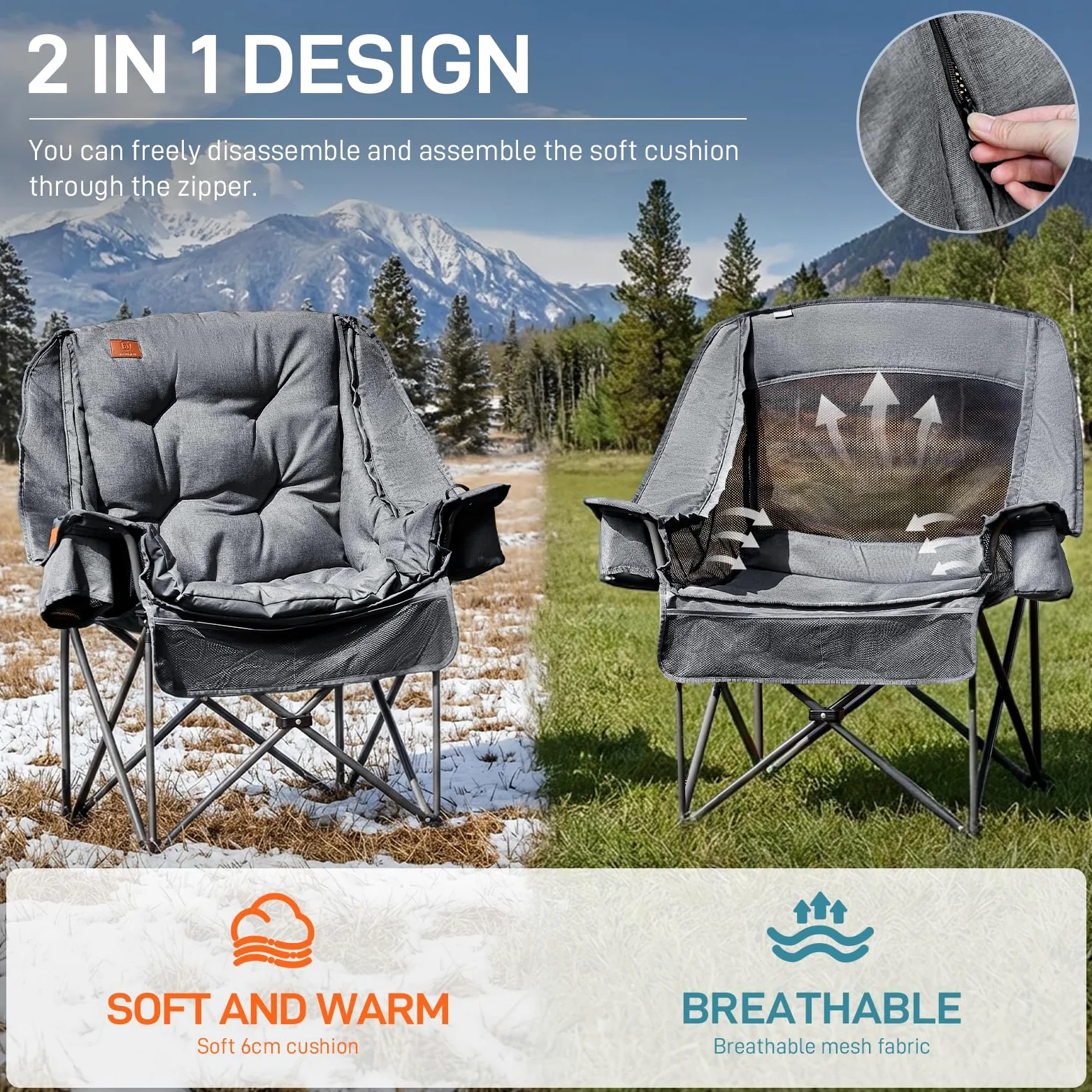 EVER ADVANCED Silla de Camping Plegable 2 en 1 Extragrande con Acolchado extraíble de 6 cm de Grosor, soporta 180 kg, Incluye Bolsillos Laterales, Compartimento refrigerador y portavasos