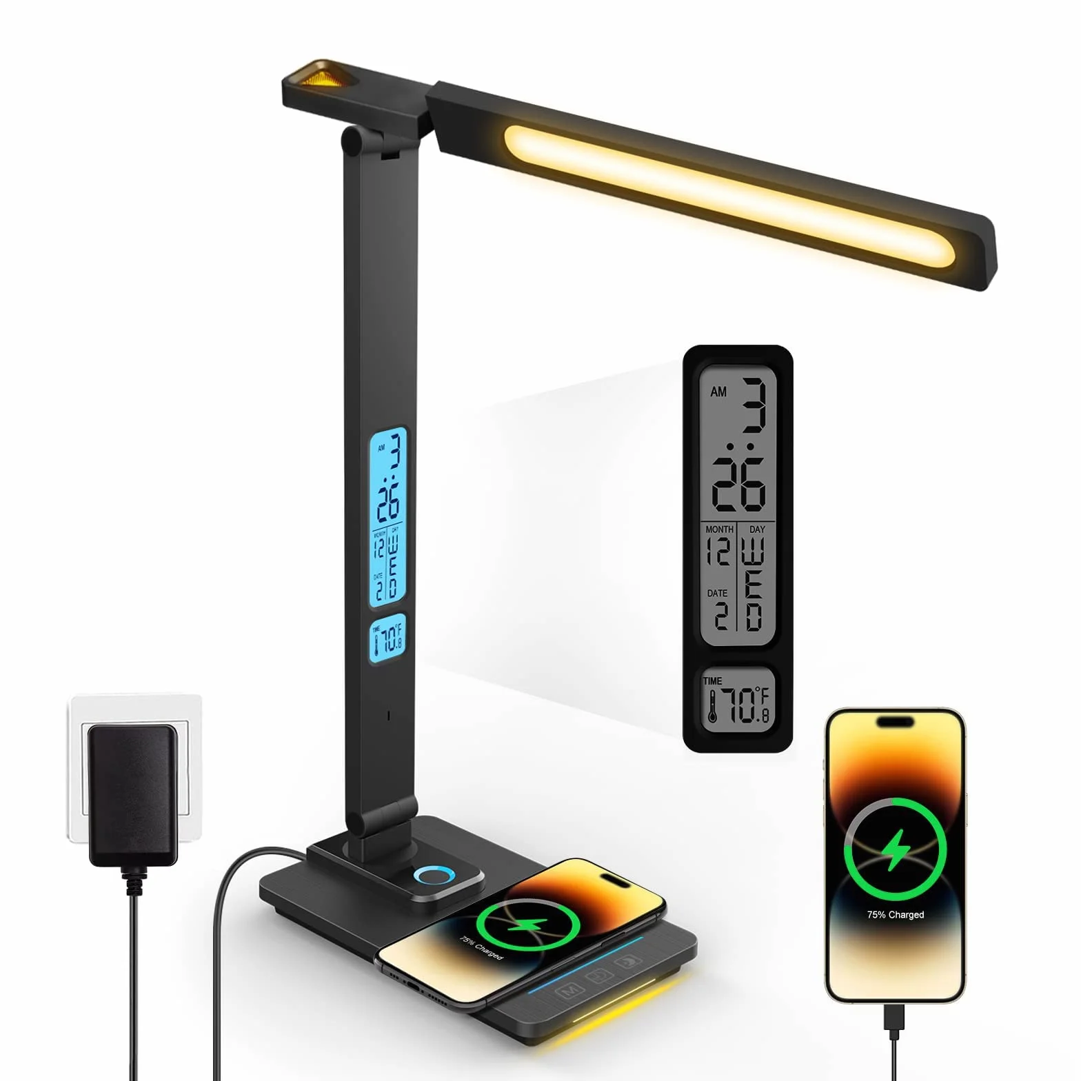LáMpara De Escritorio Led Regulable Con Reloj - Usb Recargable De Forma InaláMbrica, LáMpara Mesa TáCtil Regulable Con 3 Colores Y 5 Niveles Brillo, Hora, Temperatura, Lectura FuncióN Memoria (Negro)