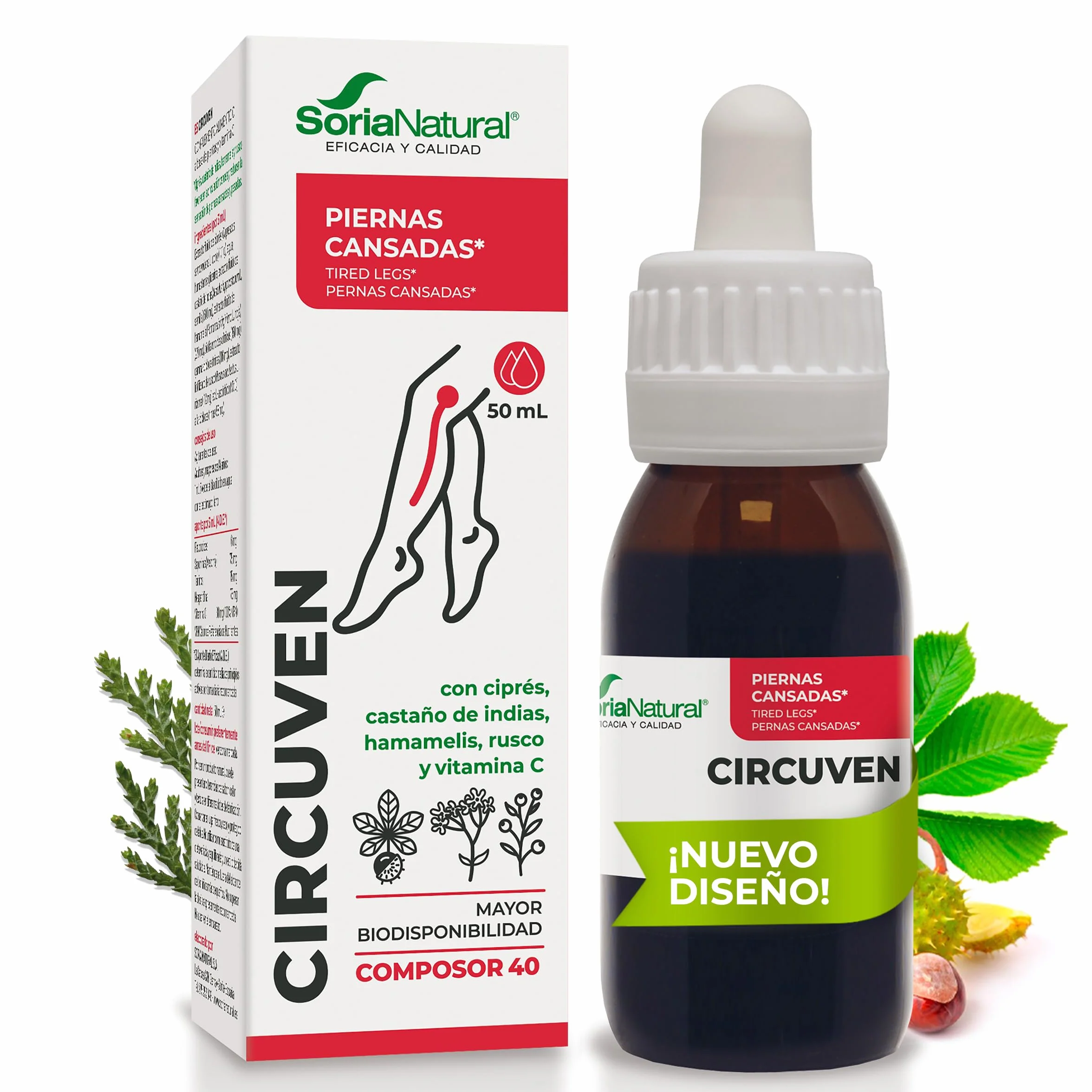 Soria Natural Composor 40 Circuven Alivio Piernas cansadas Circulación de Retorno - Castaño de Indias, Ciprés, Hamamelis, Rusco, Vitamina C - 50mL