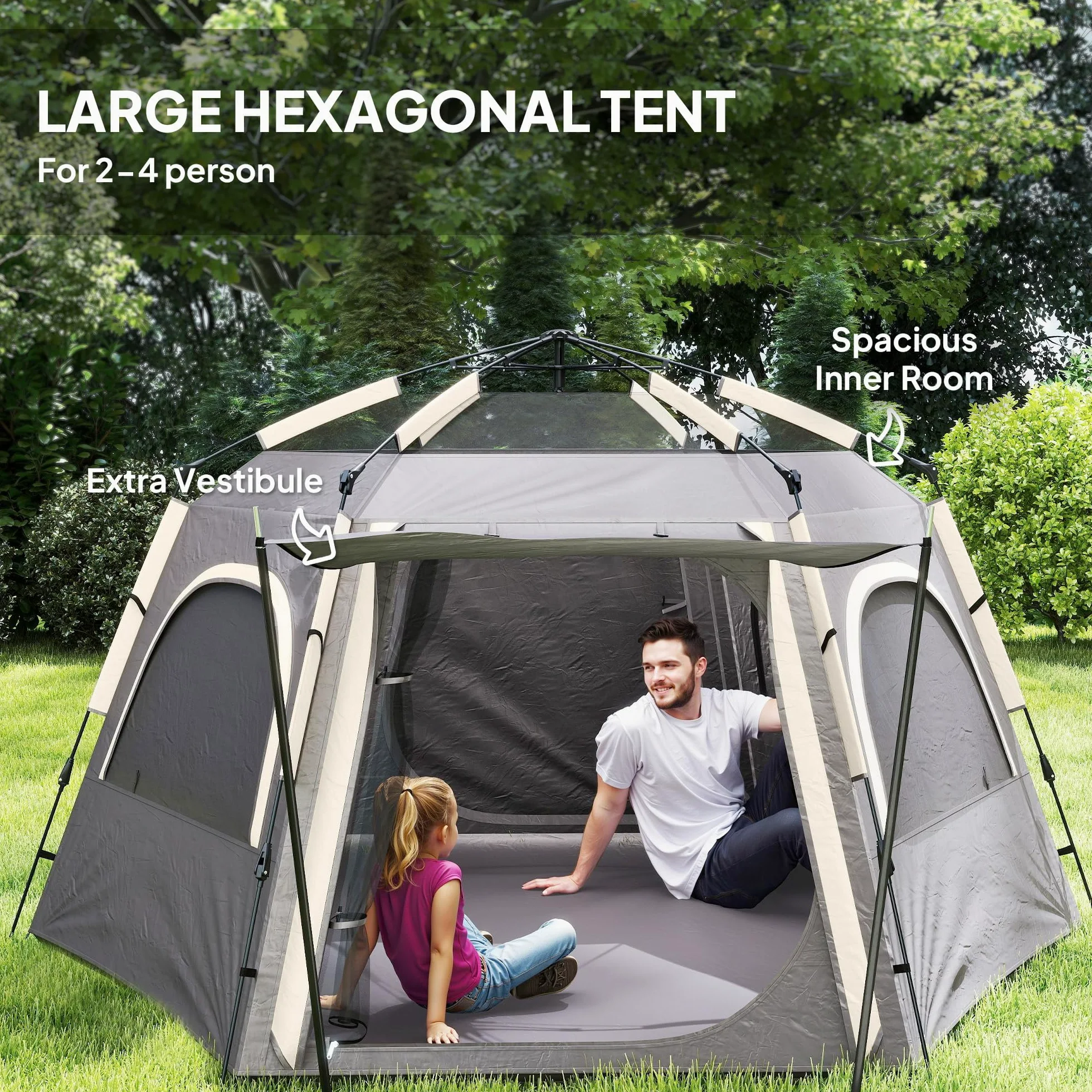 Outsunny Tienda de campaña instantánea para 2/3/4 personas, fácil instalación, tienda familiar con vestíbulo, lluvia, 4 ventanas de malla y 2 puertas, diseño hexagonal, tienda de campaña impermeable