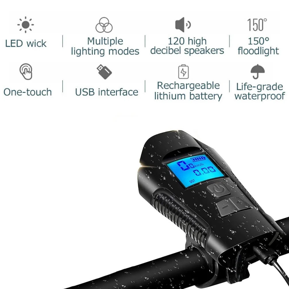 Juego de Luces USB para Bicicleta, Paquete de 2, Faro de Bicicleta Impermeable con Bocina y Cuentakilómetros Velocímetro, 4 Modos 6 Efectos de Sonido de Altavoz