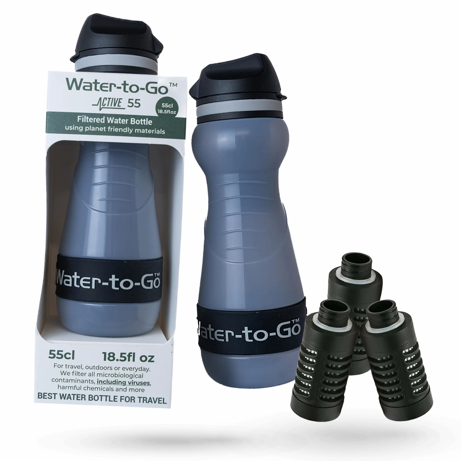 Botella de filtro de agua para senderismo, paquete con 2 filtros adicionales, purificador de agua compacto para exteriores, 55 ml, para mochileros, bioplástico ecológico, a prueba de fugas, tamaño