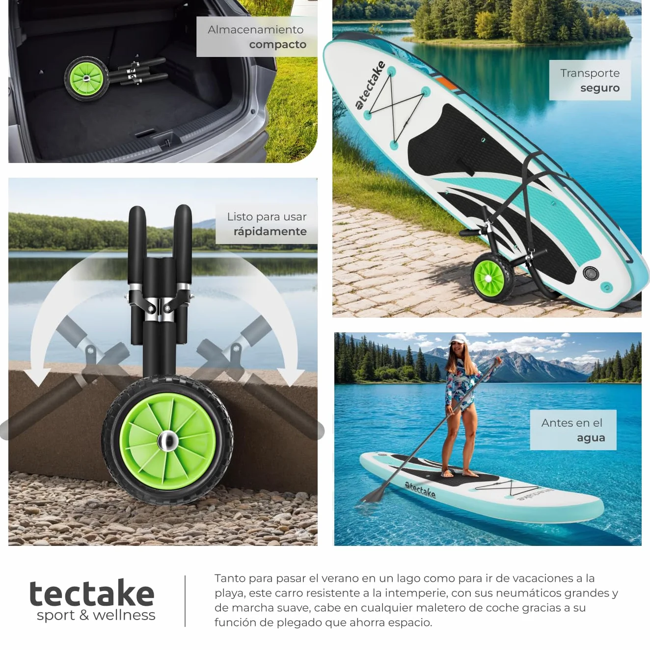 Tectake Carro de Transporte para Tabla de Surf o Padel Surf, Aluminio, 2 Tablas, Ruedas de 24 cm, Negro/Verde
