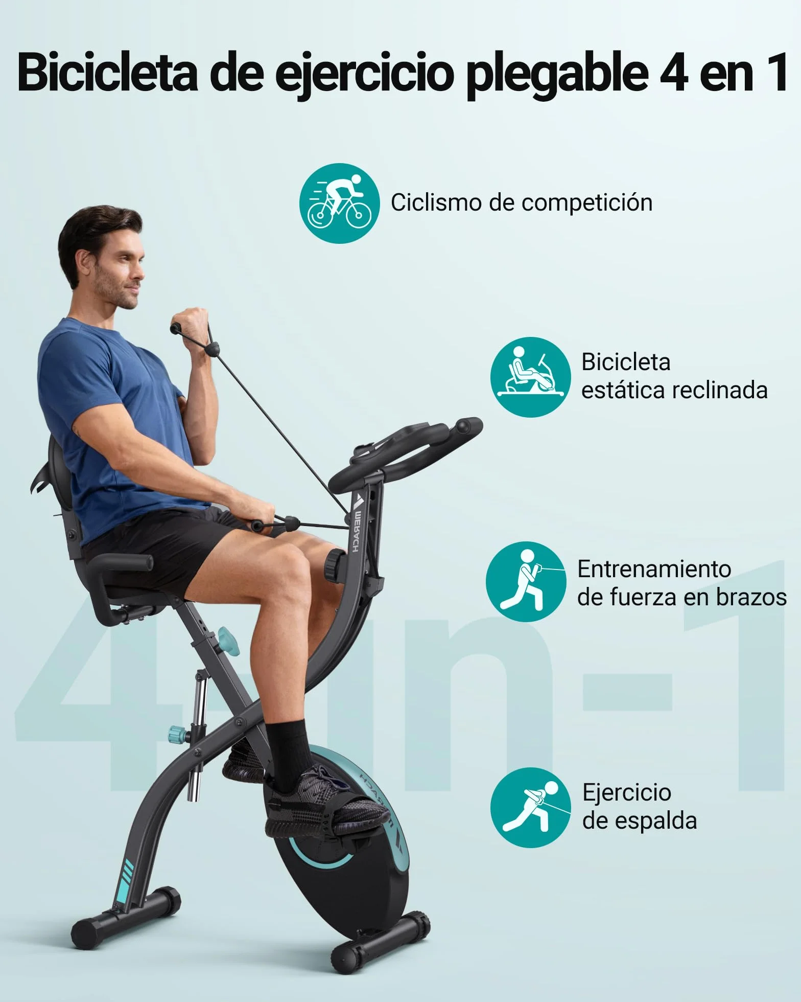 MERACH Bicicleta Estática 4 en 1 con App Entrenamiento, Bicicleta Estatica Plegable Silenciosa, Resistencia Magnética de 16 Niveles, Banda de Resistencia, Pantalla LCD, Medición Pulso, Asiento Cómodo