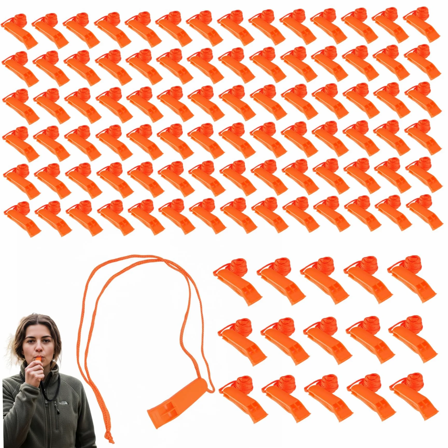 Jorzer Silbato de Emergencia 100PCS Silbato de Seguridad de plástico Ruidoso con cordón Equipo de Supervivencia para Kayak Barco de Pesca Camping Senderismo Caza de Emergencia..