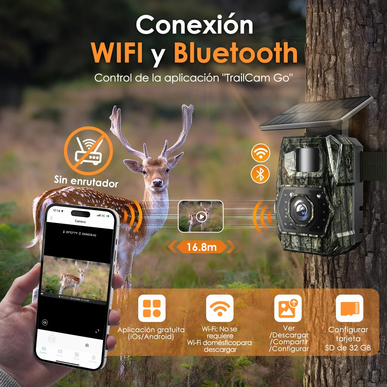 Cámara de Caza Fototrampeo WiFi 48MP Solar Visión Nocturna 5200mAh IP66