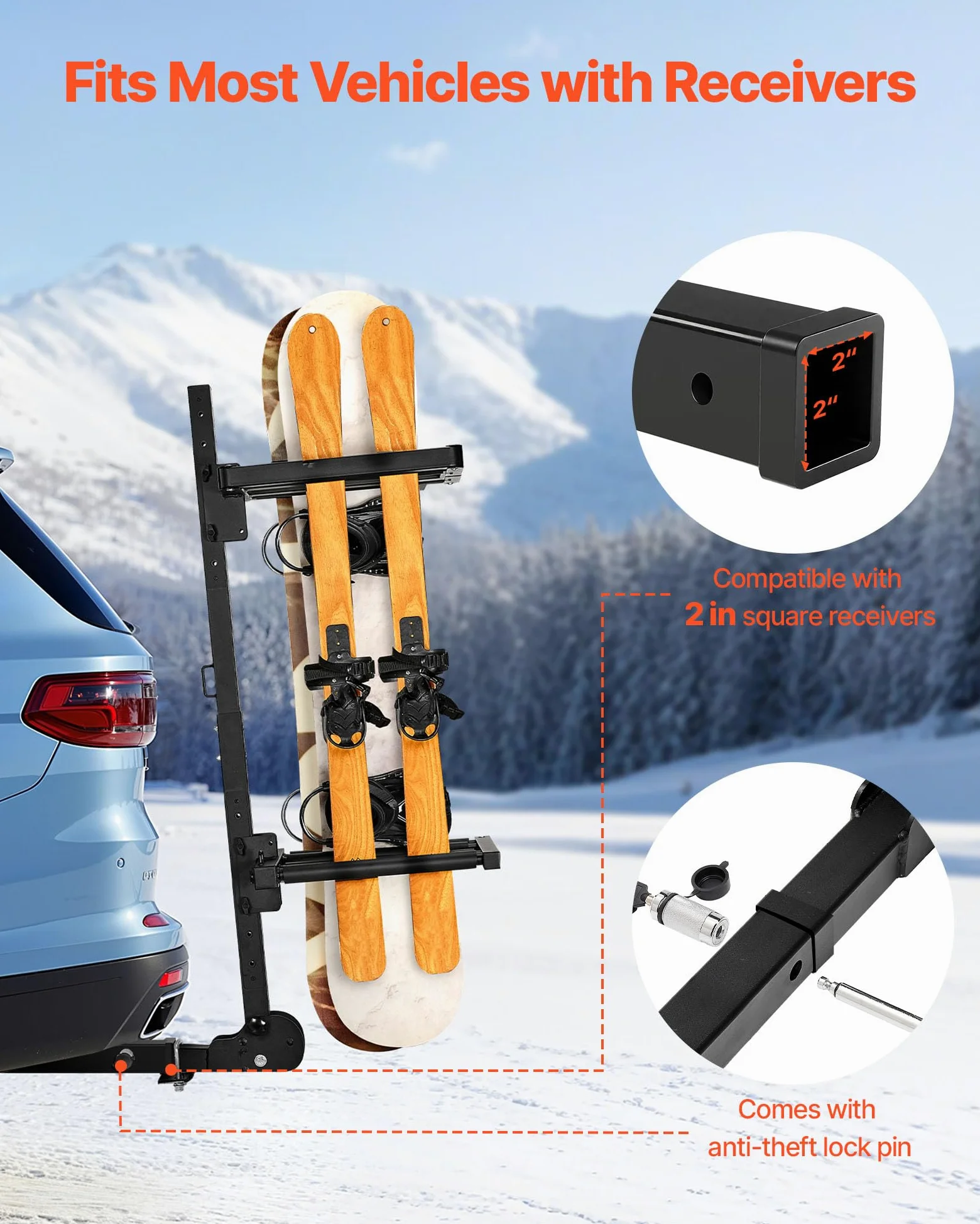 VEVOR Portaesquís de Techo, para hasta 6 Pares de Esquís/4 Tablas de Snowboard, con Cerradura con Cinturón de Seguridad y Acceso Inclinable, el Soporte Ajustable Se Adapta a la Barra de Remolque