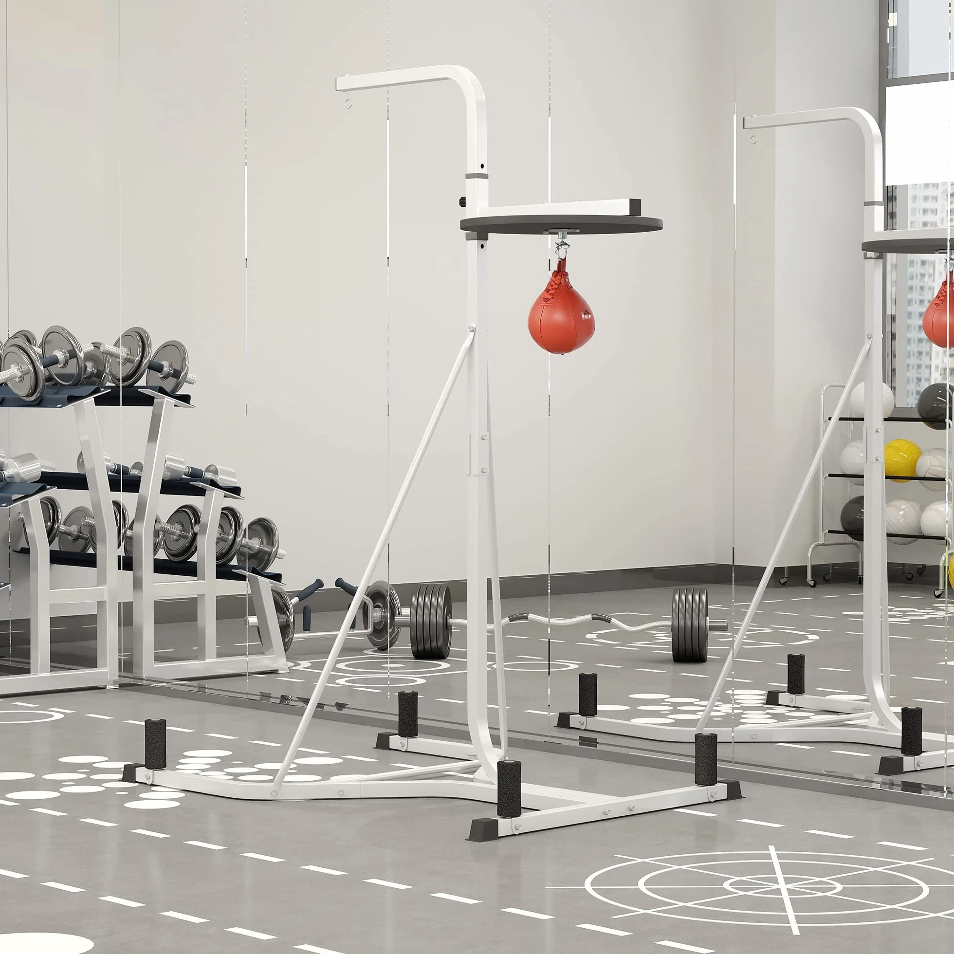 HOMCOM Soporte para saco de boxeo sobre pies autoportantes 2 en 1 con bulbo de velocidad regulable en altura plato redondo, robusto equipo de entrenamiento de acero para el hogar blanco