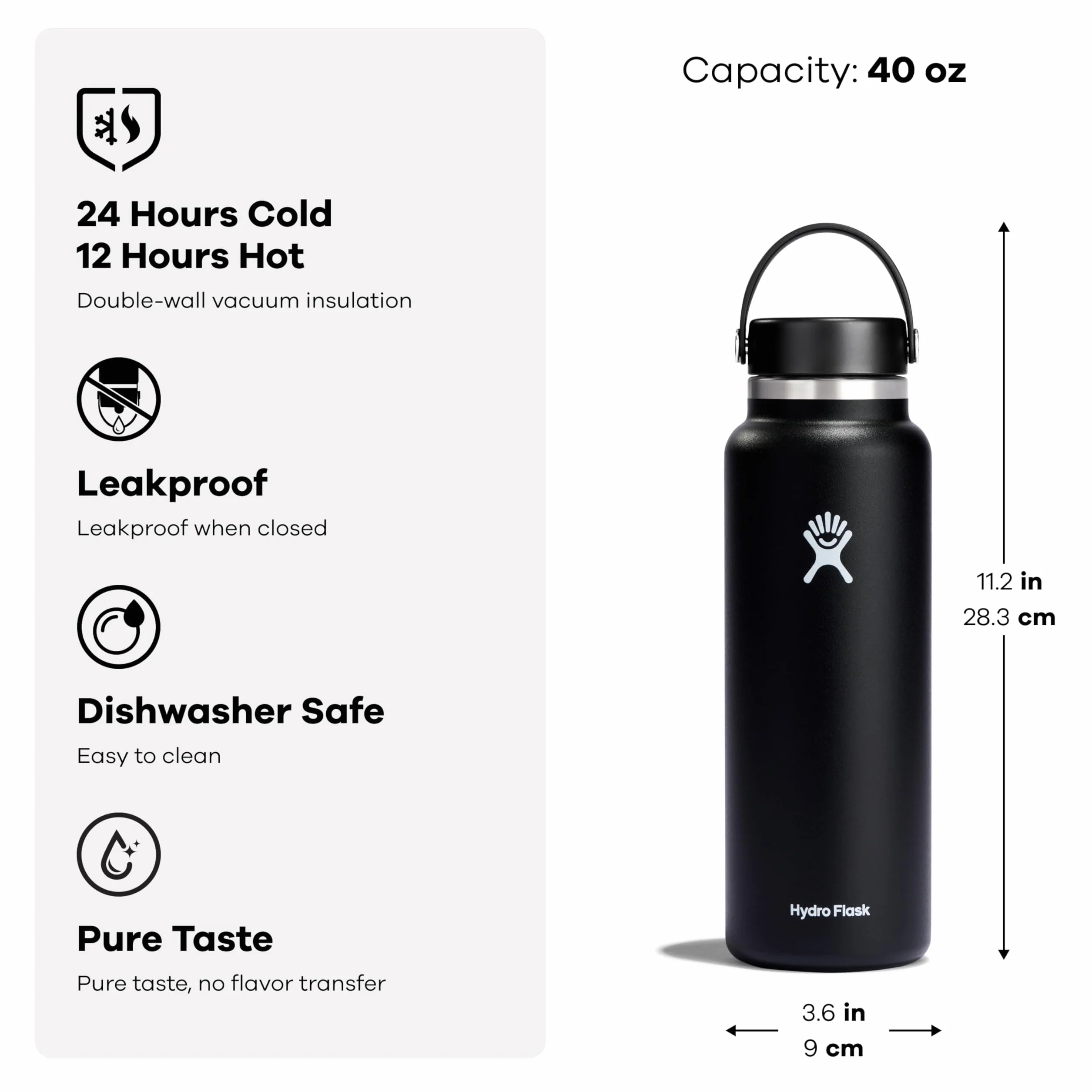 Hydro Flask - Botella de Agua 1180 ml 40 oz - Acero Inoxidable con Aislamiento al Vacío y Tapa a Prueba de Fugas y Revestimiento en Polvo - Wide Mouth - Surf, 1183ml (40oz)
