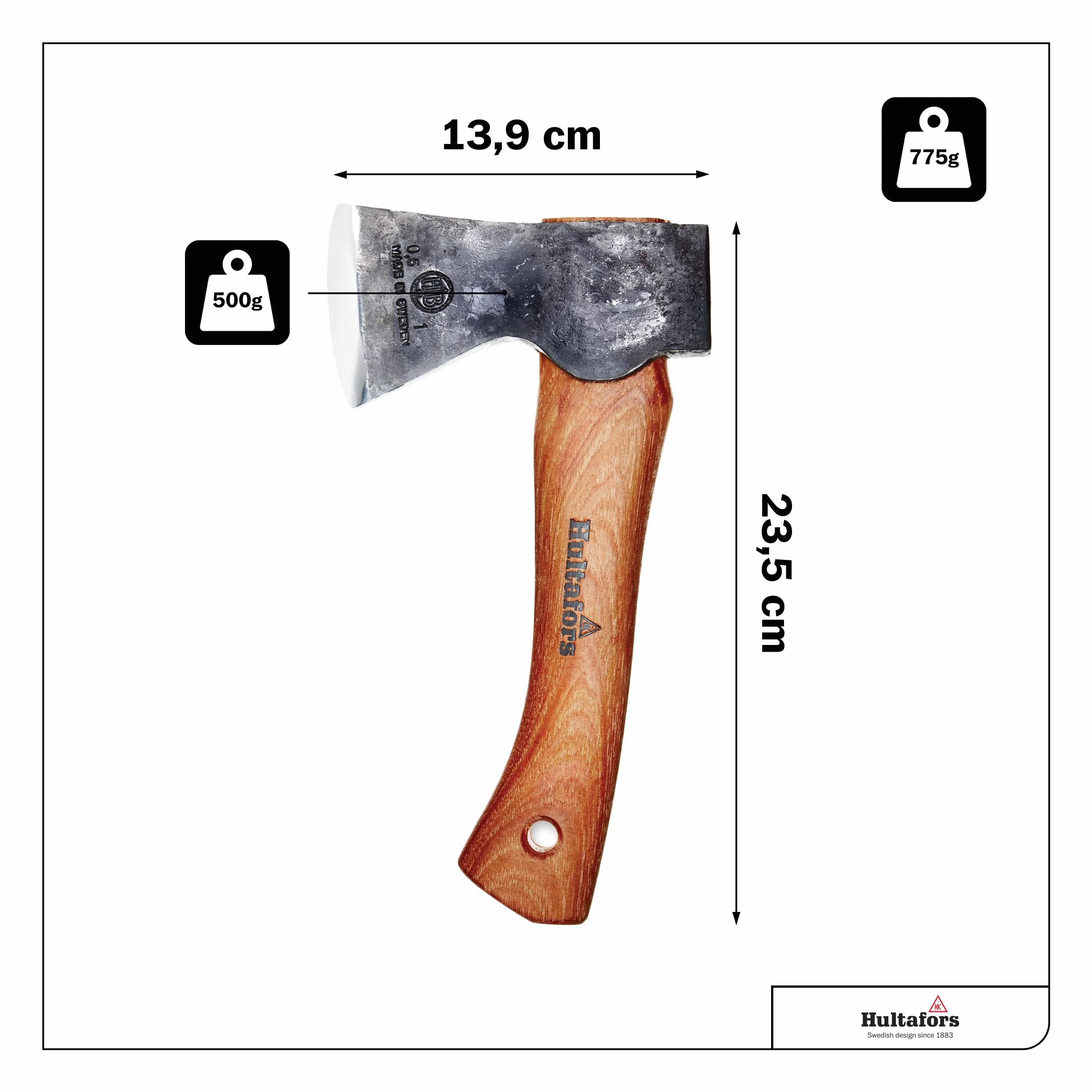 Destral Agelsjön forjada a Mano de 235mm Hecho de Acero Sueco I Hultafors I Hecho en Suecia I Hacha 775g Mango de Madera de Nogal Americano y Funda Protectora de Cuero I para reafilar I 841760