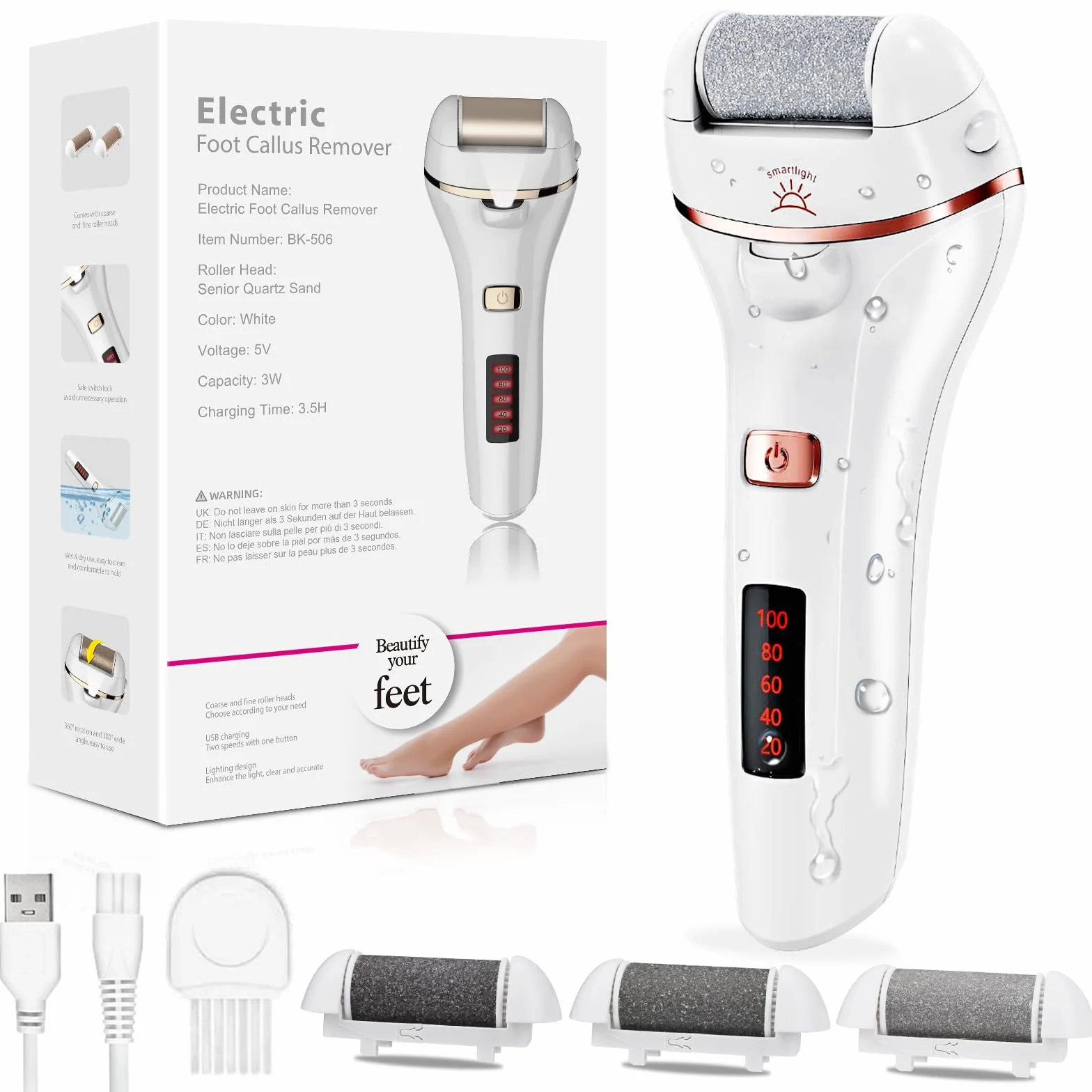 Aottom Pedicura Eléctrico Quita Durezas Eliminar Callos con 3 Diamond Rodillos IPX7 Impermeable Recargable