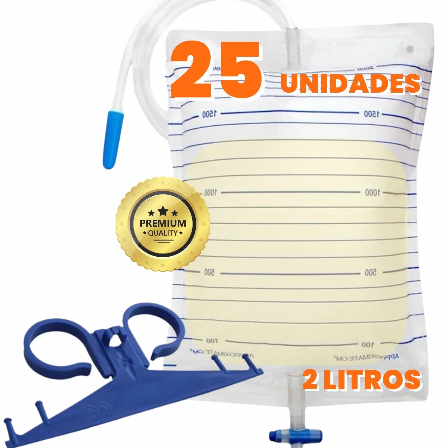 OrtoPrime Bolsa de Orina 2 Litros Válvula Antirreflujo Grifo Tubo 120cm Pack 25 Unidades