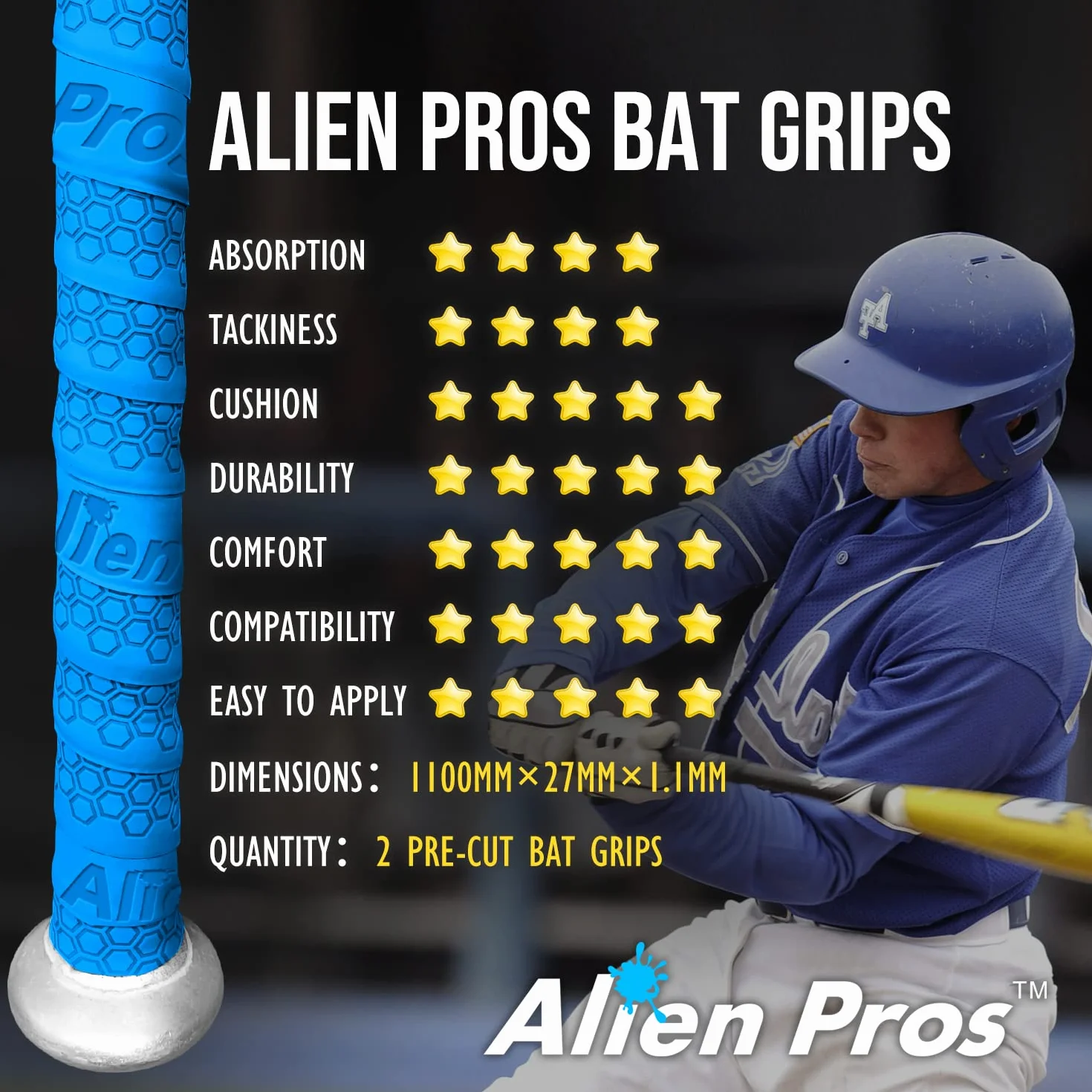 Alien Pros Cinta de Agarre para Béisbol 2 Grips 4 Grips 1.1 mm Esparadrapo Precortado para Bates