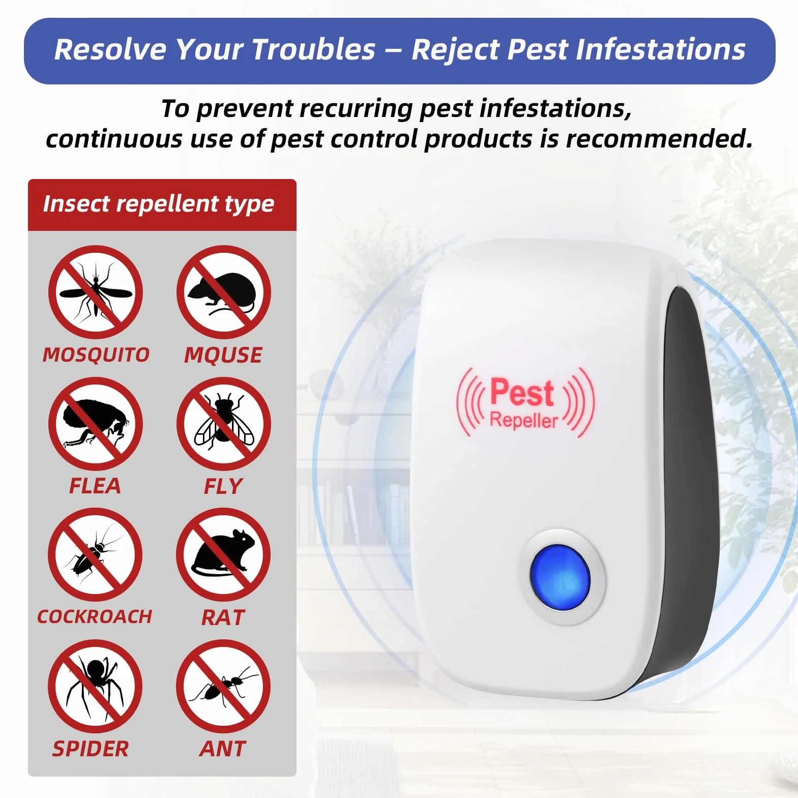 Repelente Ultrasónico de Plagas 4 Pack, Antimosquitos Eléctrico, Auyentadores de Ratones Potente para Interiores